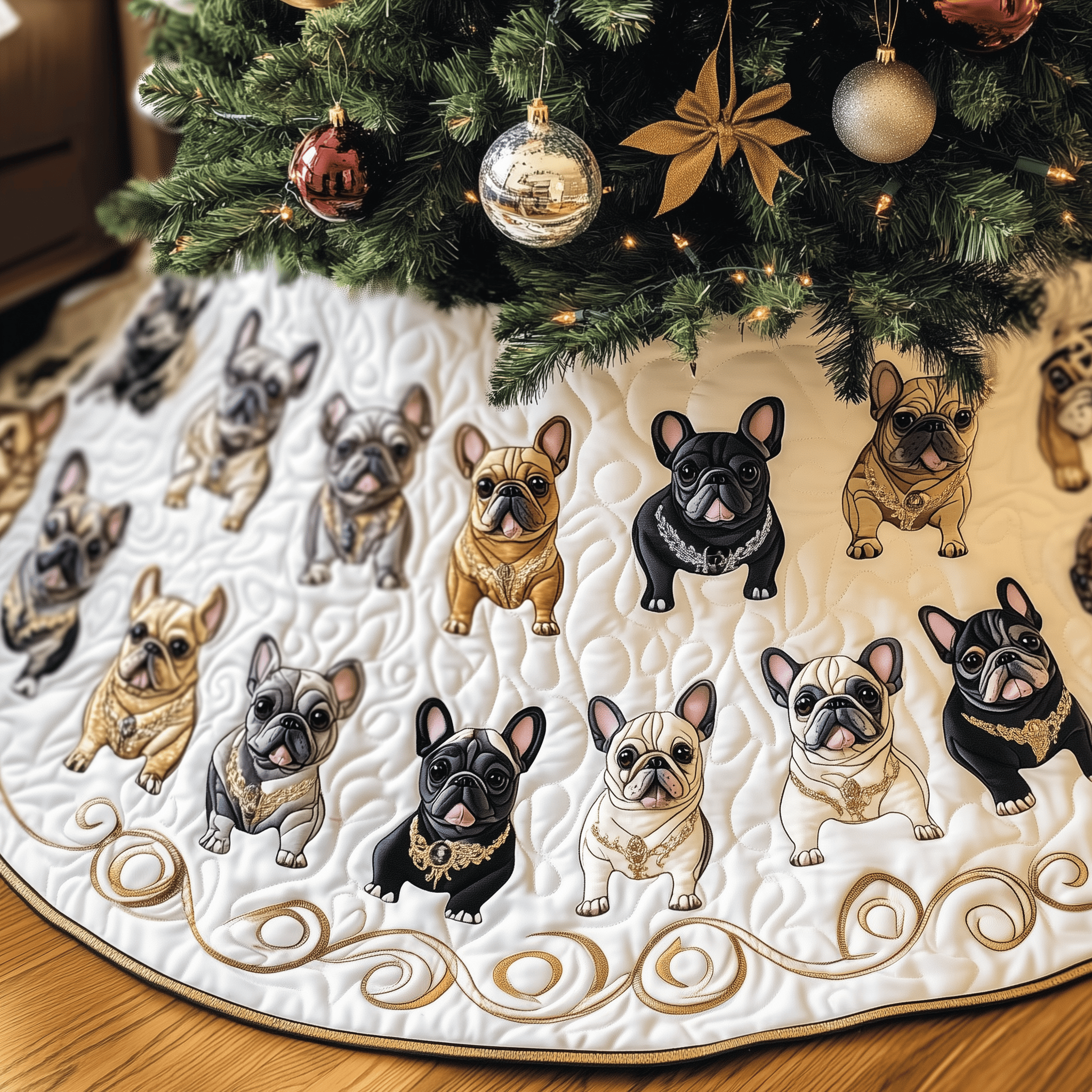 Festive French Bulldog Quilted Tree Skirt Holiday Xmas Indoor French Bulldog Xmas Tree Decoration