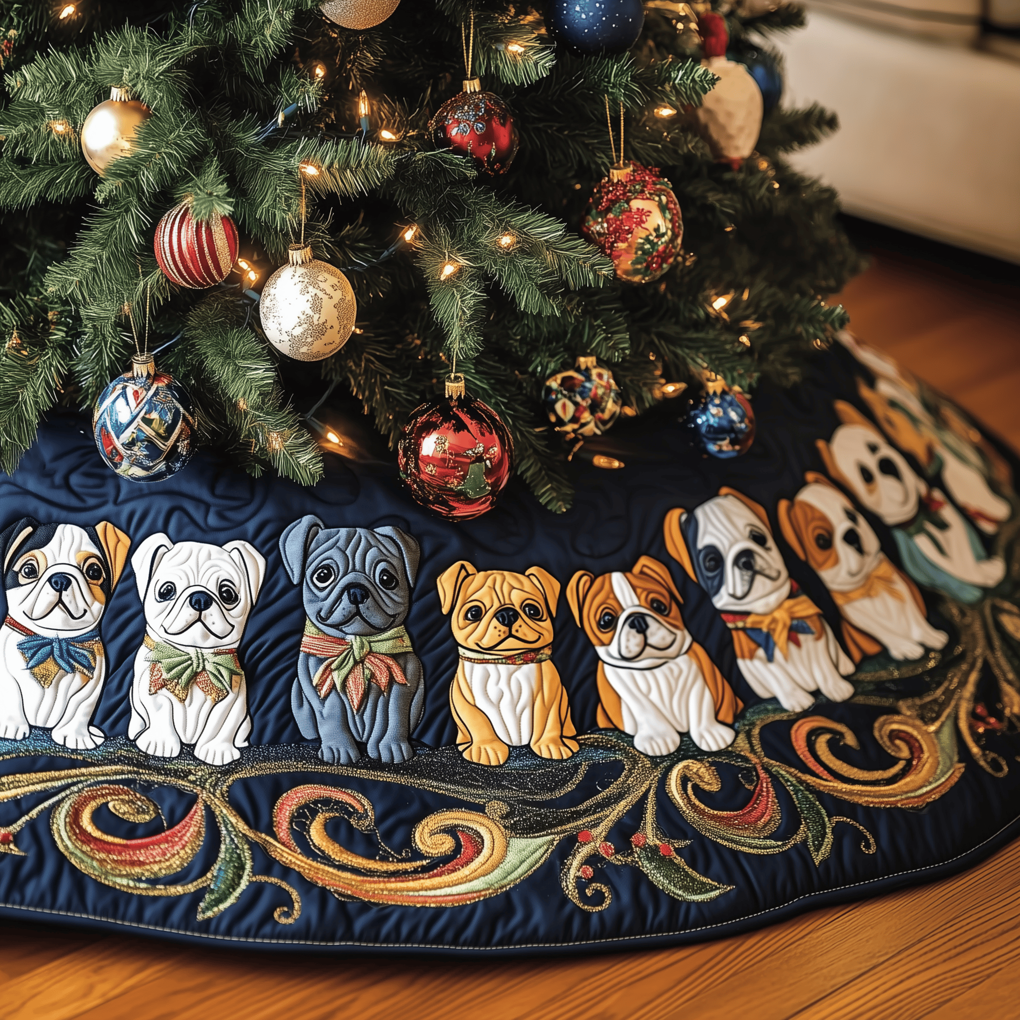 Festive French Bulldog Quilted Tree Skirt Holiday Xmas Indoor French Bulldog Xmas Tree Decoration