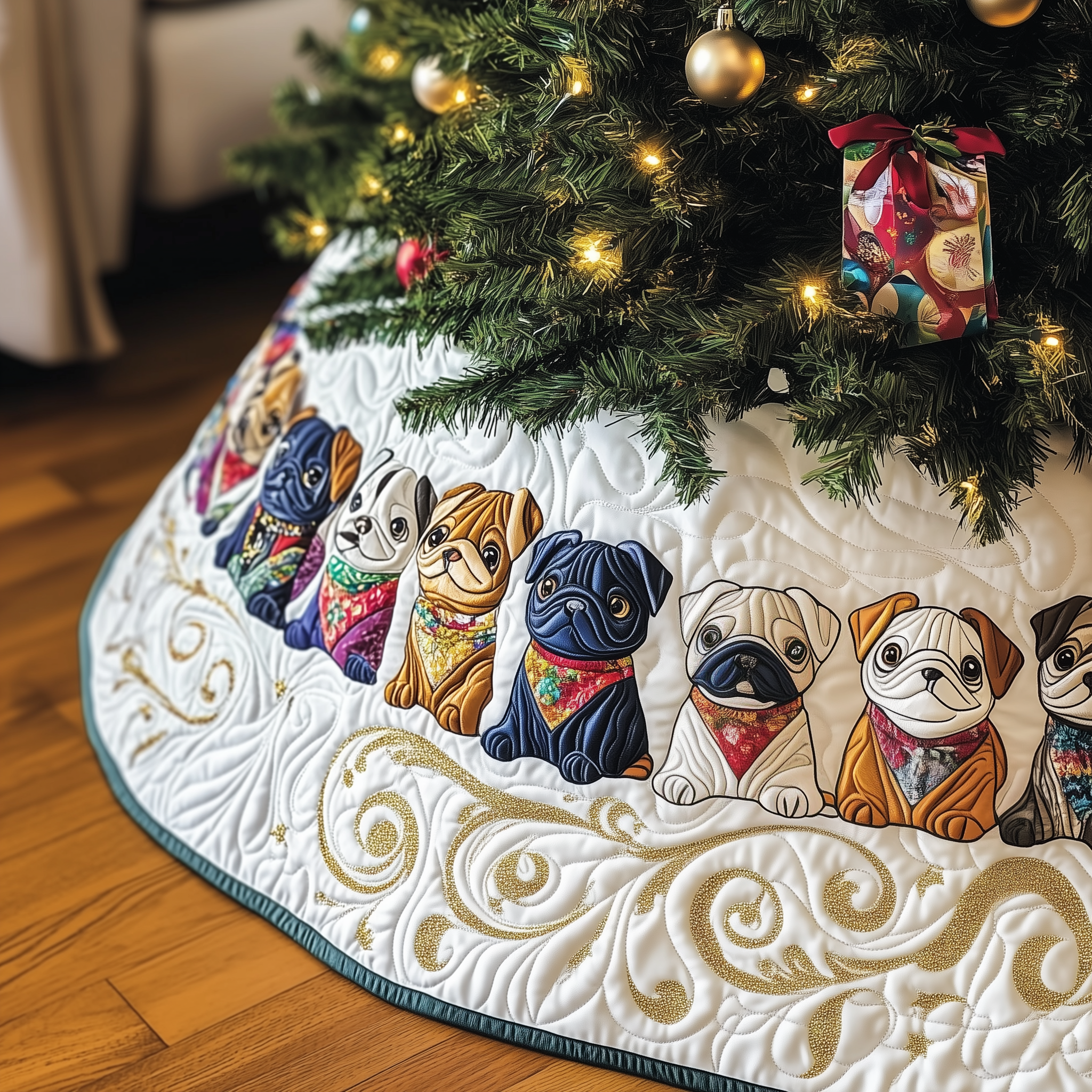 Festive French Bulldog Quilted Tree Skirt Holiday Xmas Indoor French Bulldog Xmas Tree Decoration