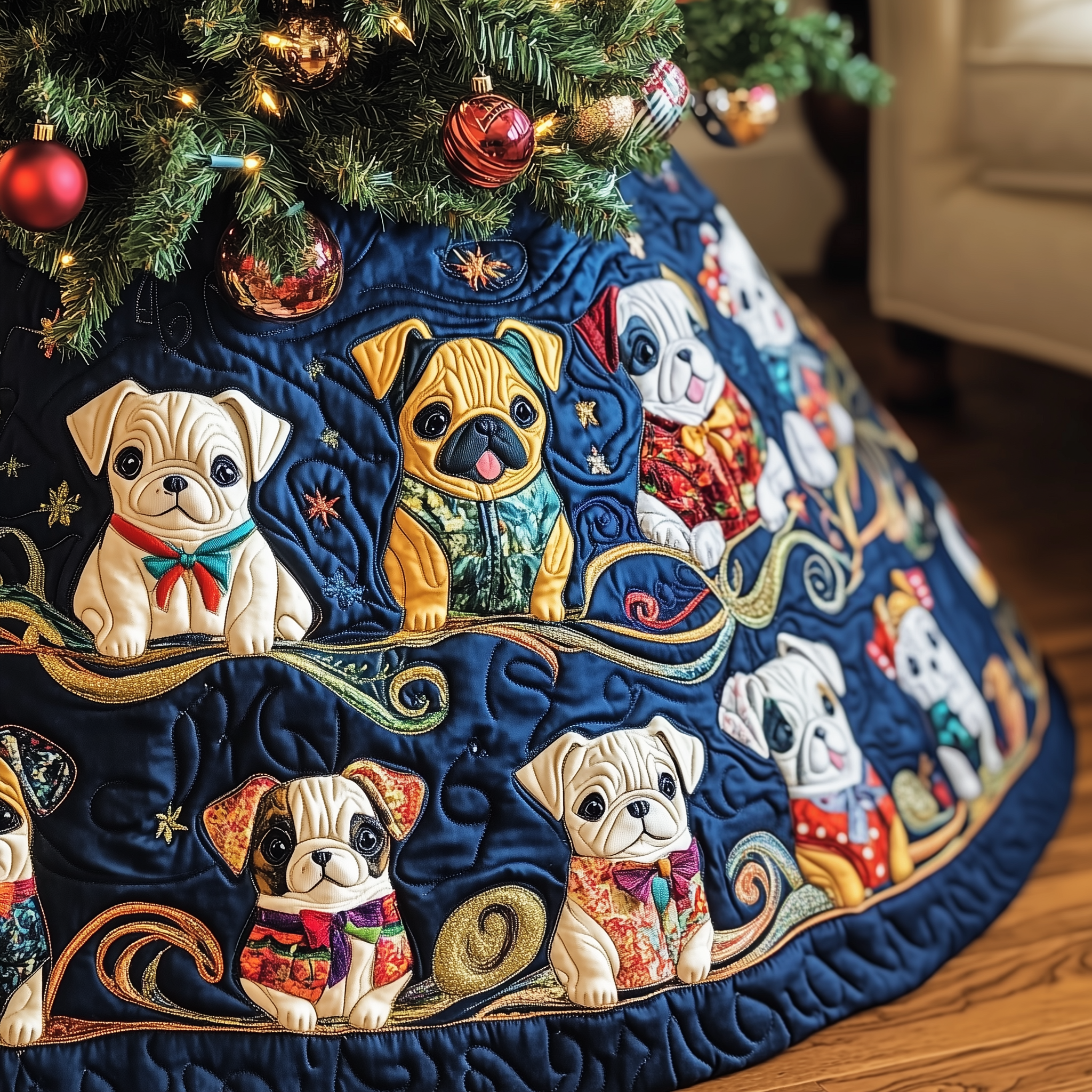 Festive French Bulldog Quilted Tree Skirt Perfect Tree Skirt Decoration Merch