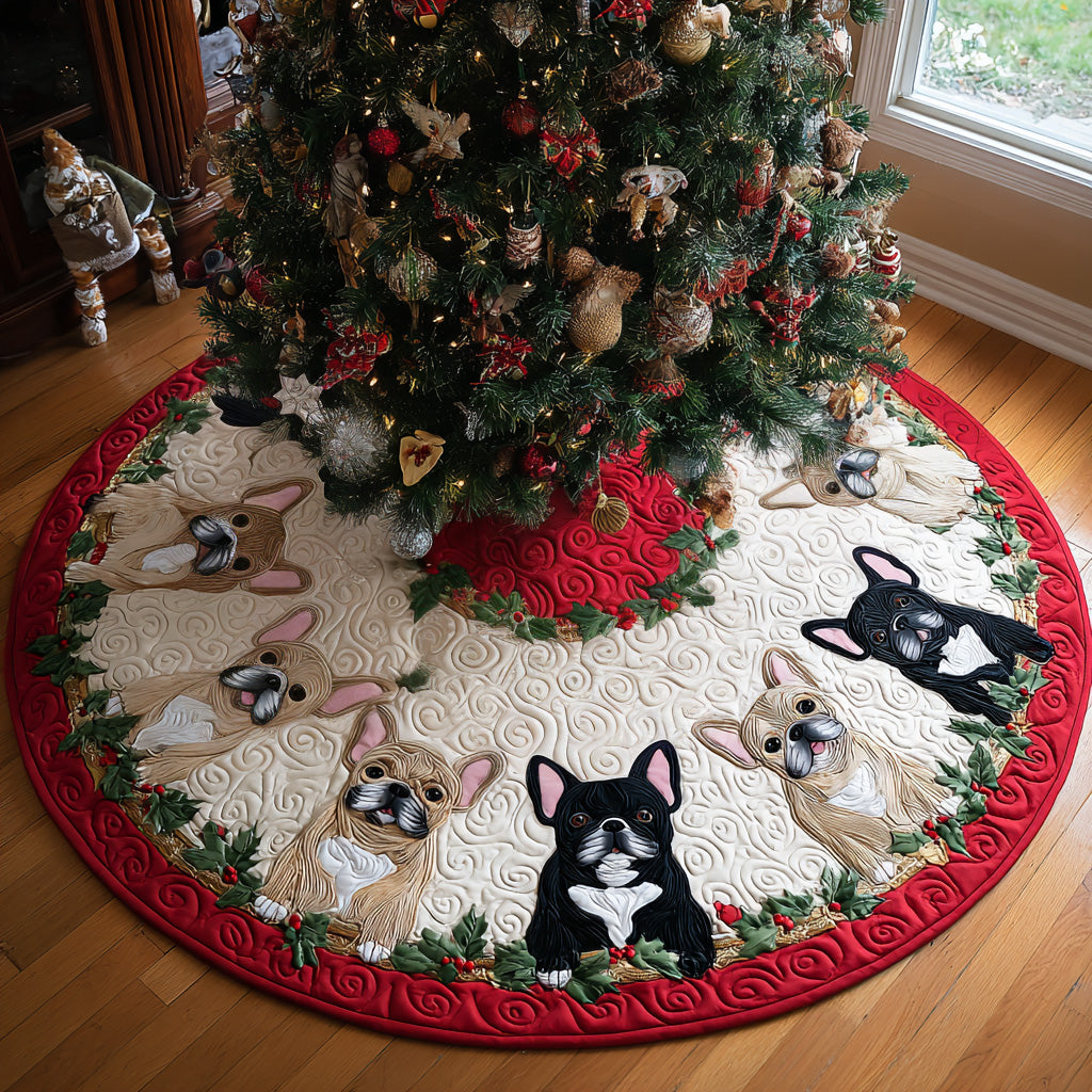 Festive Frenchie Cheer Quilted Christmas Tree Skirt Adorable Holiday Tree Skirt for Cozy Spaces