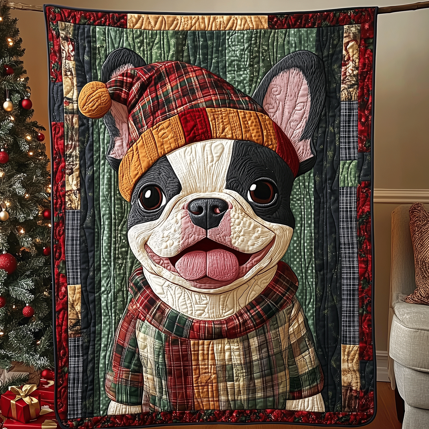 Festive Frenchie Joy Quilted Blanket Gifts For Frenchie Lovers