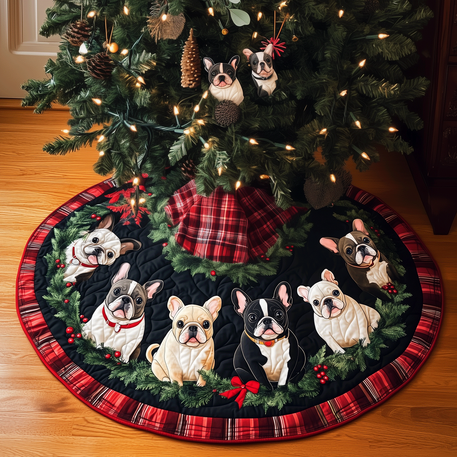 Festive Frenchies Quilted Christmas Tree Skirt Christmas Holiday Decor Home