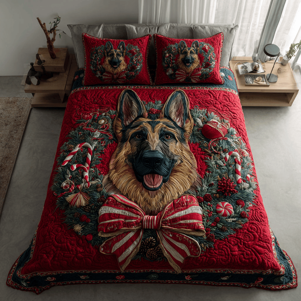 Festive German Shepherd Christmas Quilt Bedding Set Best Luxury Sheets Xmas Gift for Dog Lovers