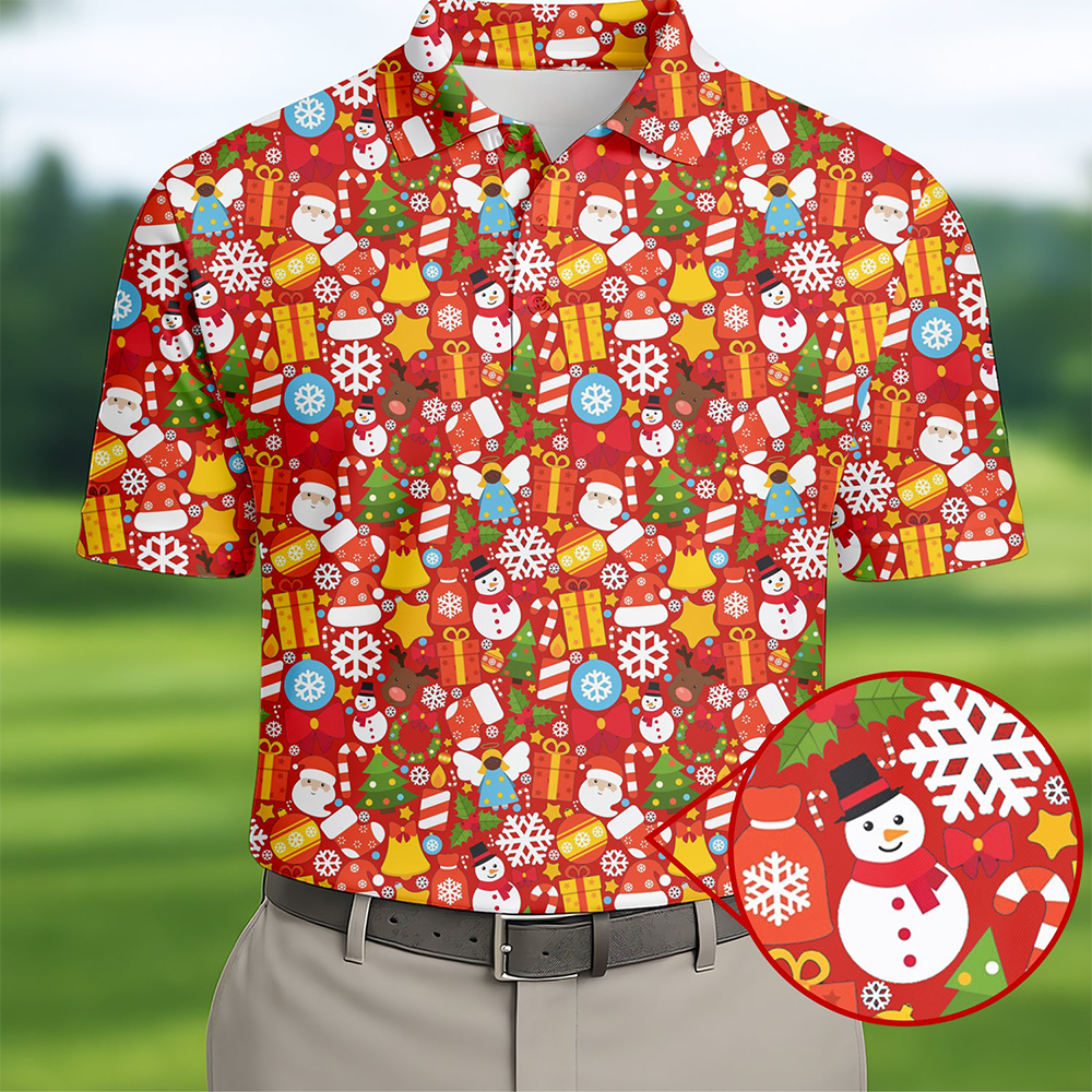Festive Gift Christmas Golf Polo Shirt Snowman Pattern Golf Shirt Funny Golf Gifts