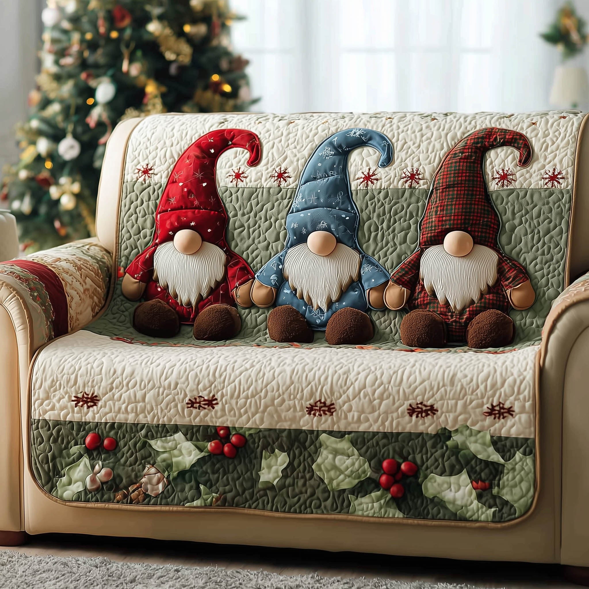 Festive Gnome Quilted Sofa Cover Holiday Hat Dwarf Protector Gnome Christmas Gift Ideas