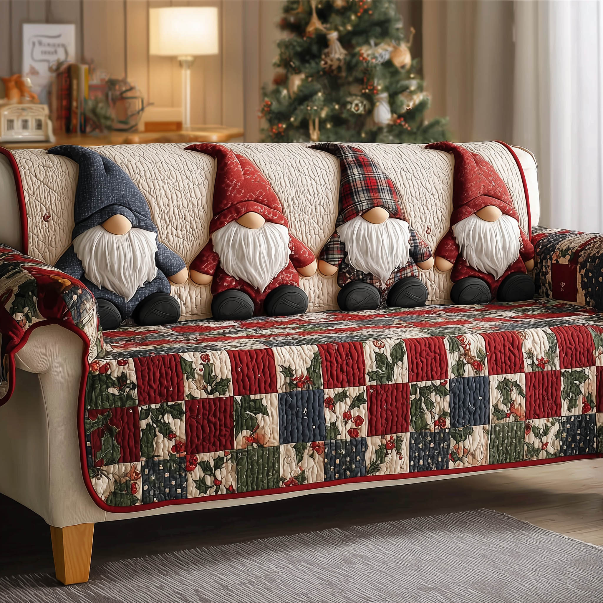 Festive Gnome Quilted Sofa Cover Jolly Santa Dwarf Gnome Christmas Gift Ideas