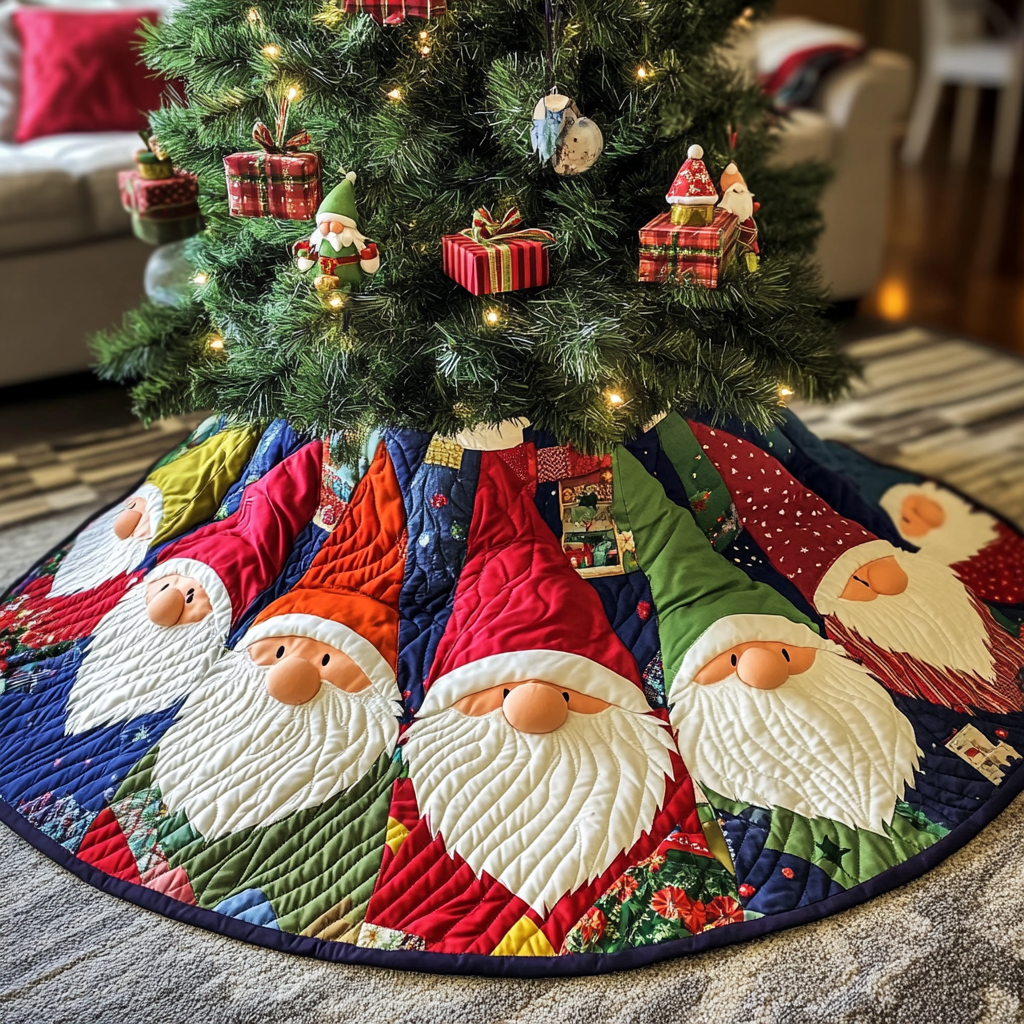 Festive Gnomes Quilted Christmas Tree Skirt Classic Red and White Tree Skirt for Traditional Decor