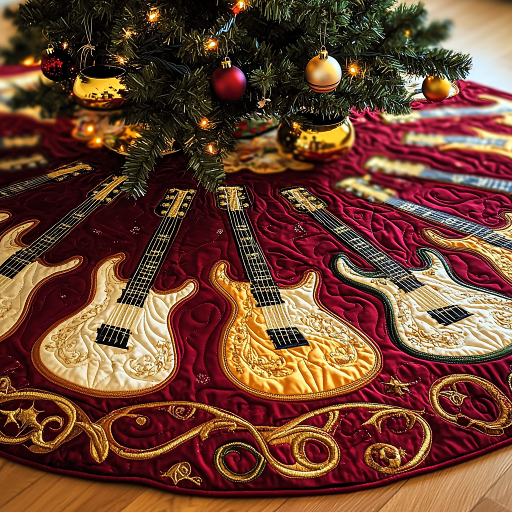 Festive Gold Guitar Quilted Tree Skirt Best New Year Gift Merch
