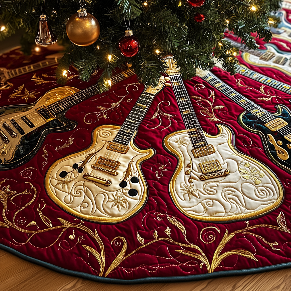 Festive Gold Guitar Quilted Tree Skirt Holiday Gift Merch