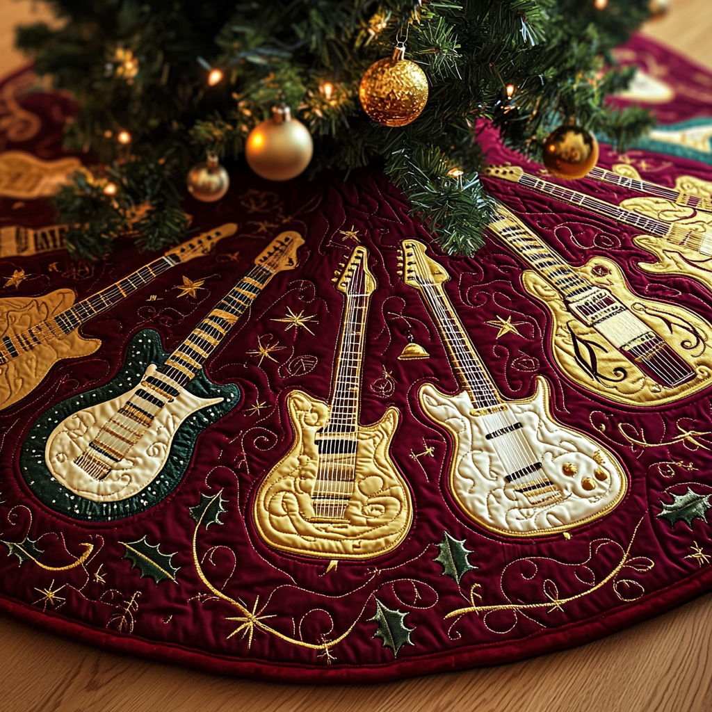 Festive Gold Guitar Quilted Tree Skirt Holiday Tree Skirt Must-Have