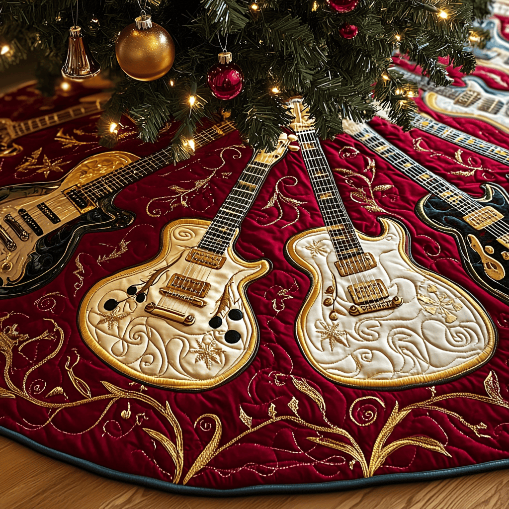 Festive Gold Guitar Quilted Tree Skirt Indoor Tree Decorations Christmas Gift Ideas For Guitarists