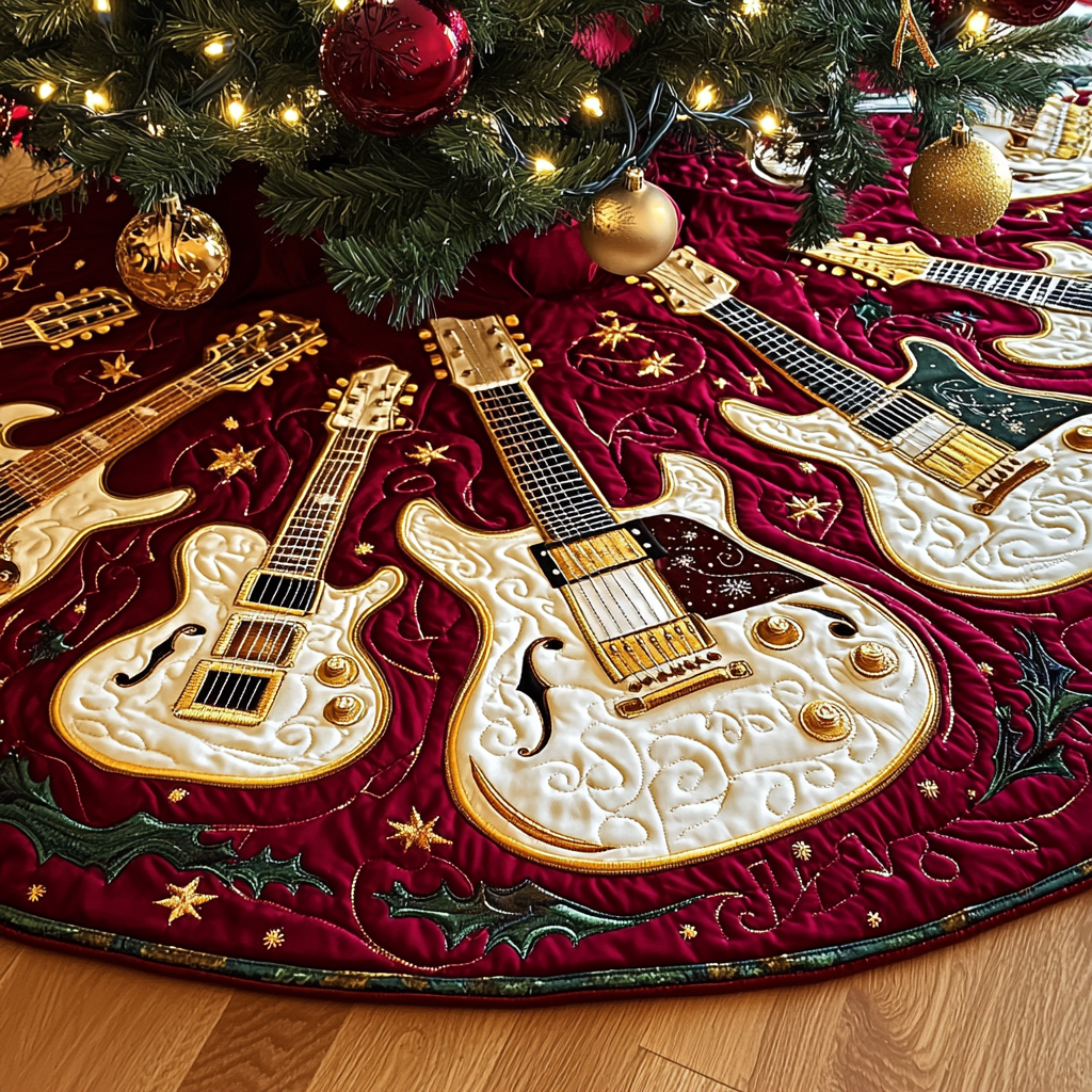 Festive Gold Guitar Quilted Tree Skirt Indoor Tree Decorations Christmas Gift Ideas For Guitarists