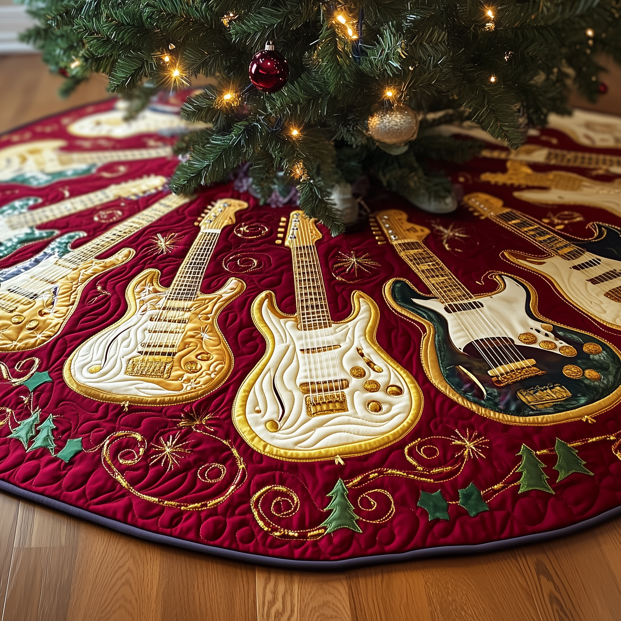 Festive Gold Guitar Quilted Tree Skirt Xmas Tree Surround Christmas Gifts For Guitar Lovers