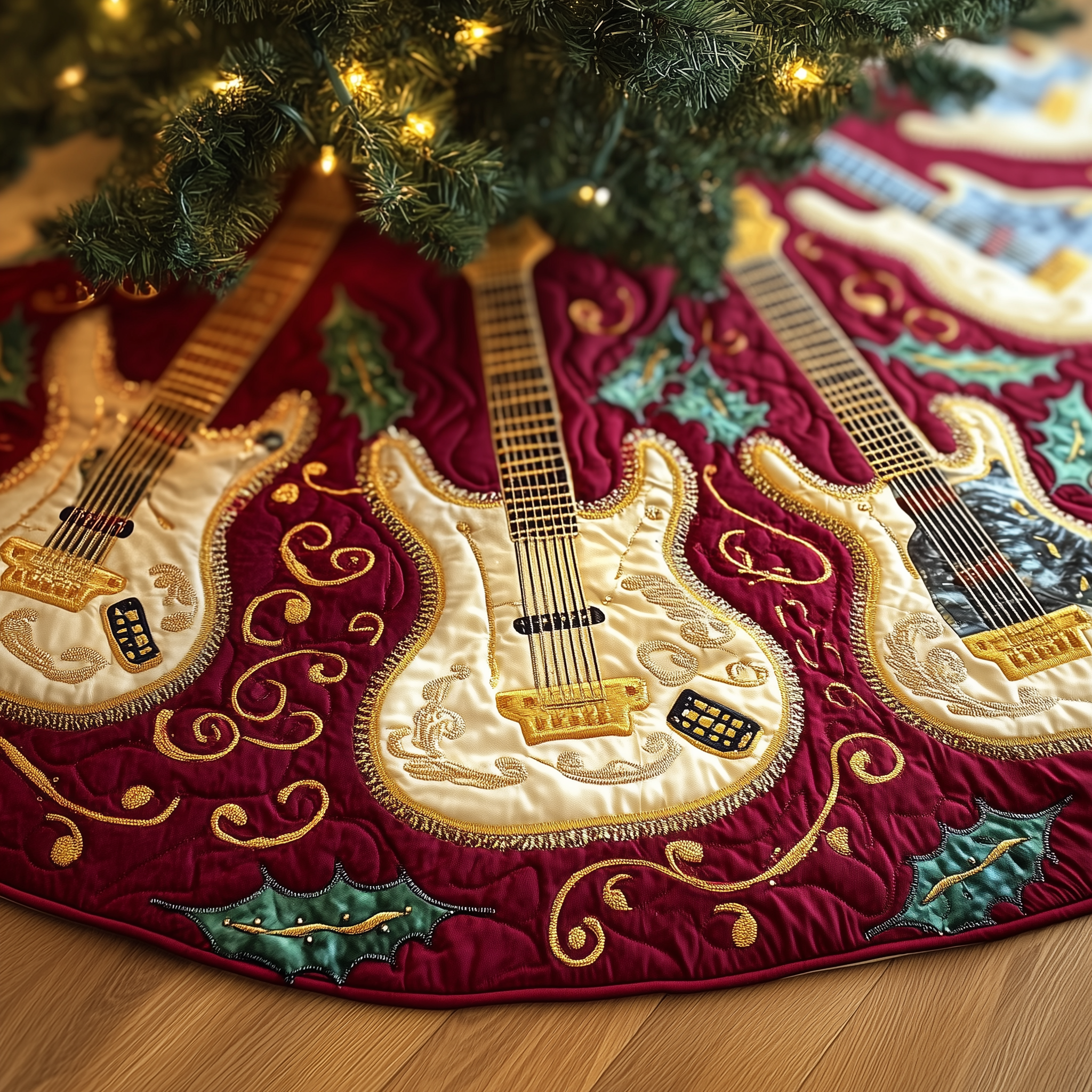Festive Gold Guitar Quilted Tree Skirt Xmas Tree Surround Christmas Gifts For Guitar Lovers