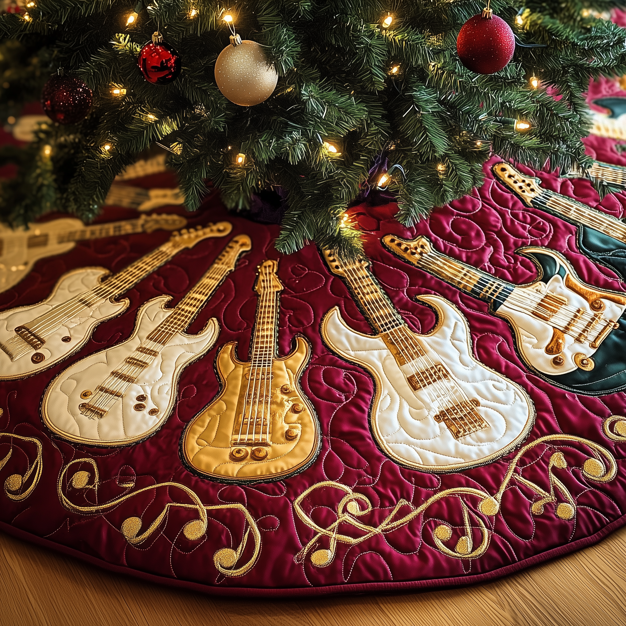 Festive Gold Guitar Quilted Tree Skirt Xmas Tree Surround Christmas Gifts For Guitar Lovers
