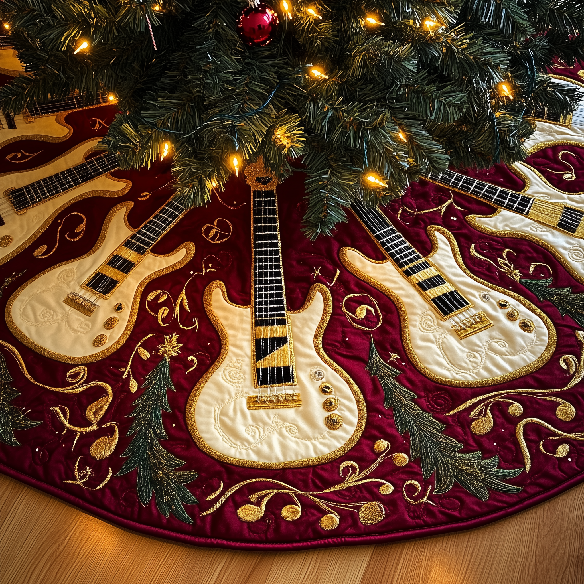 Festive Gold Guitar Quilted Tree Skirt Xmas Tree Surround Christmas Gifts For Guitar Lovers