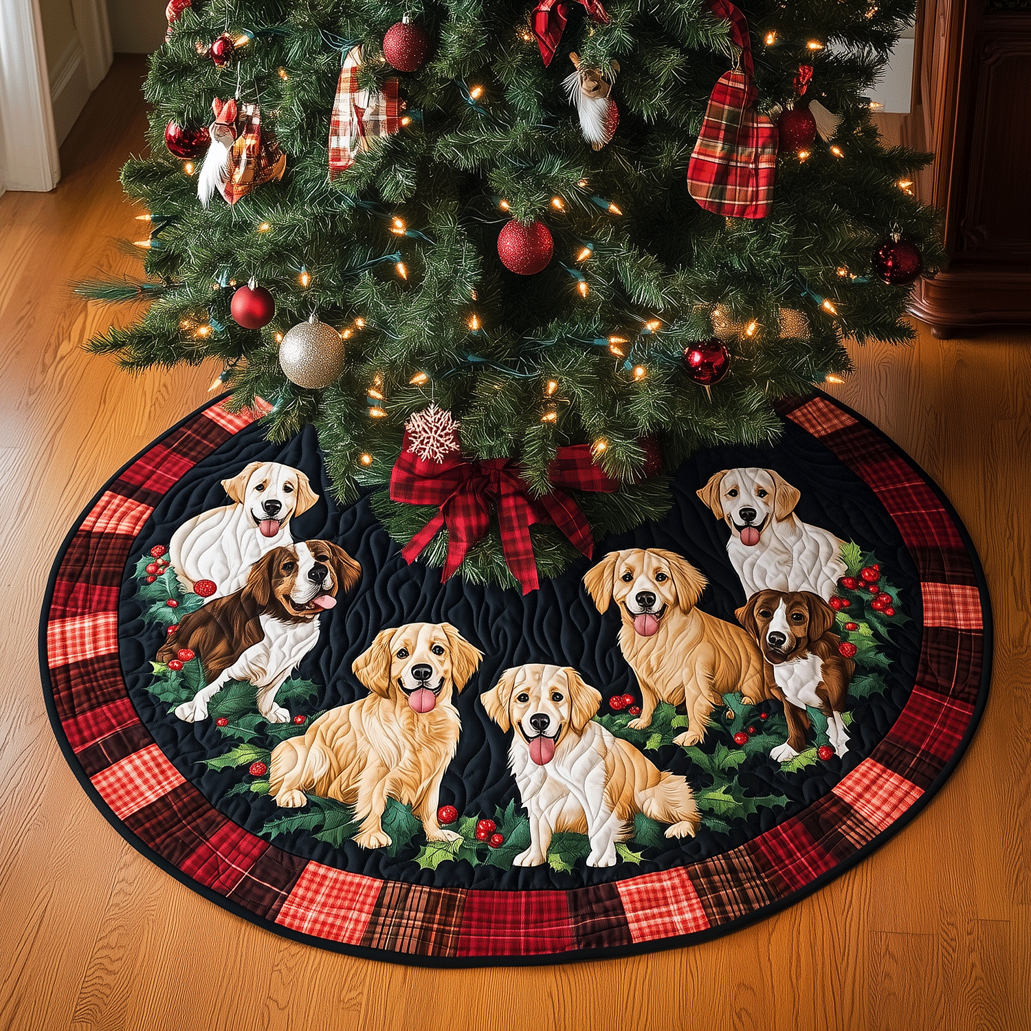 Festive Golden Retriever Quilted Christmas Tree Skirt Charming Tree Skirt for Family Gatherings