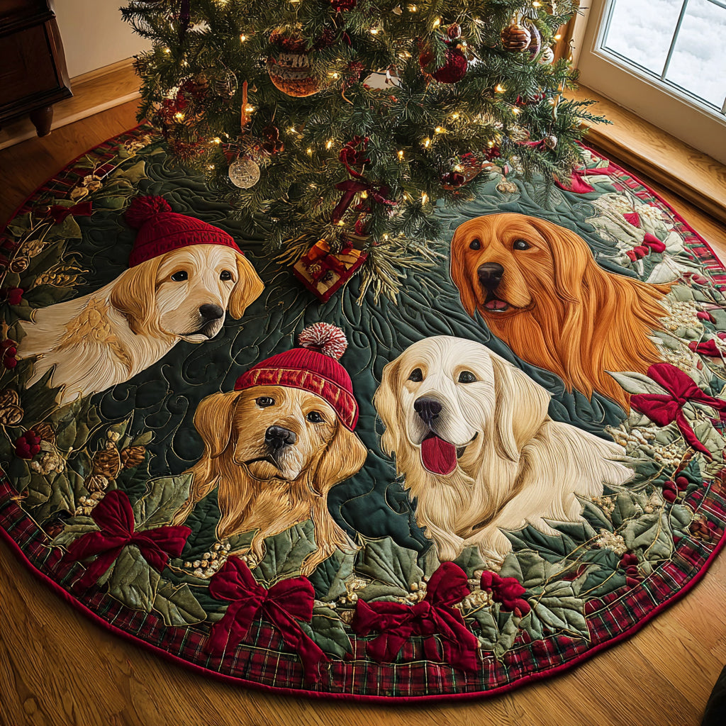 Festive Golden Retriever Quilted Christmas Tree Skirt Holiday Decor Golden Retriever Items Gifts