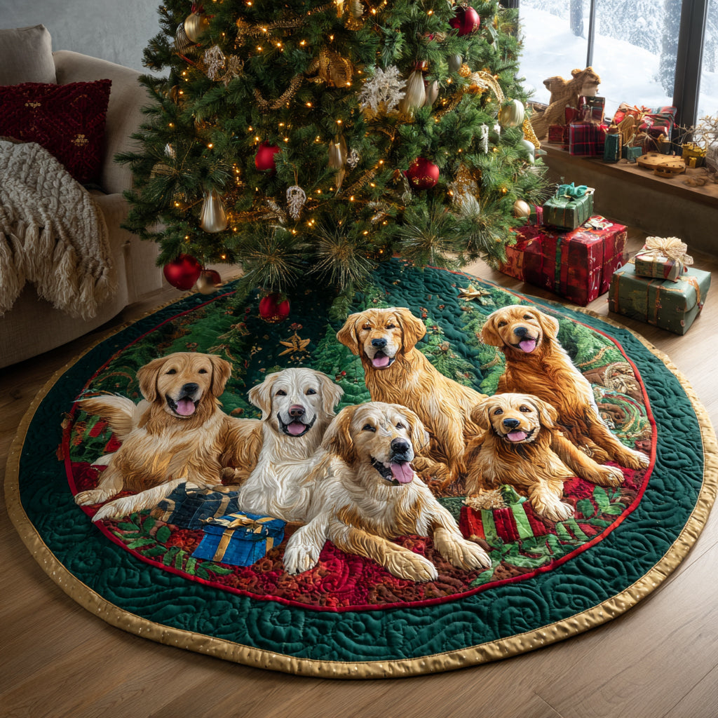 Festive Golden Retriever Quilted Christmas Tree Skirt Holiday Decorations Golden Retriever Items Gifts