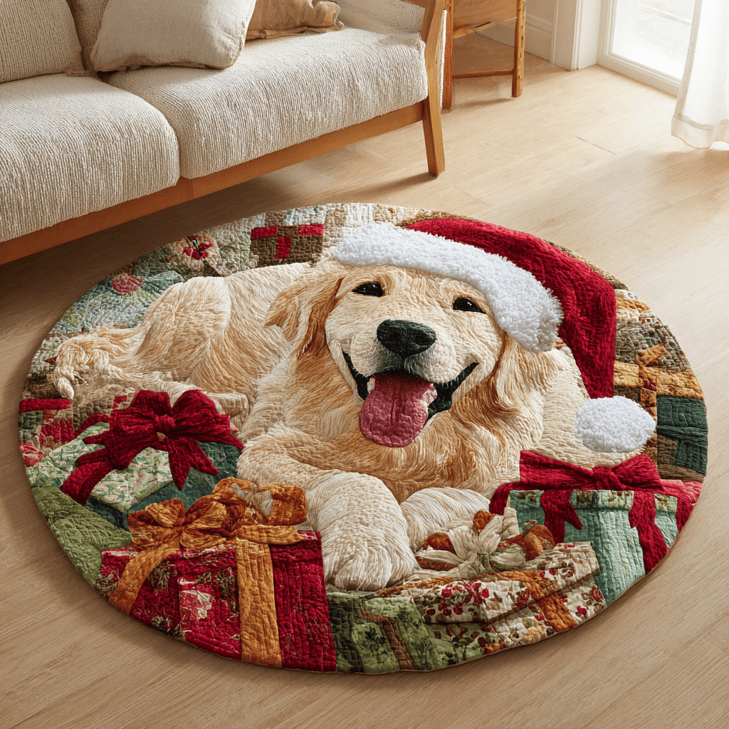 Festive Golden Retriever Quilted Round Mat Holiday Season Round Mat Unique Xmas Gift for Grandparents