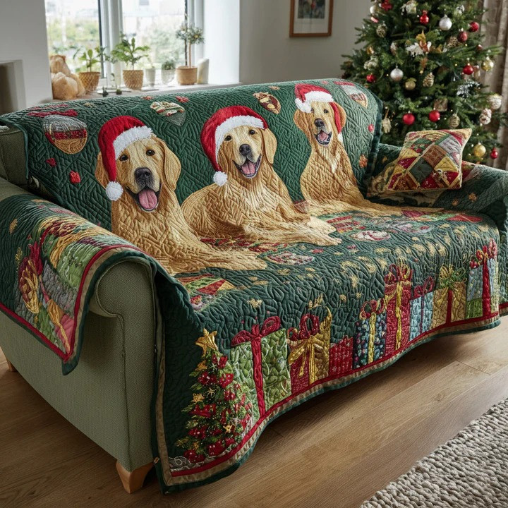 Festive Golden Retriever Quilted Sofa Cover Christmas Dog Furniture Protector Best Gift For Dog Fans