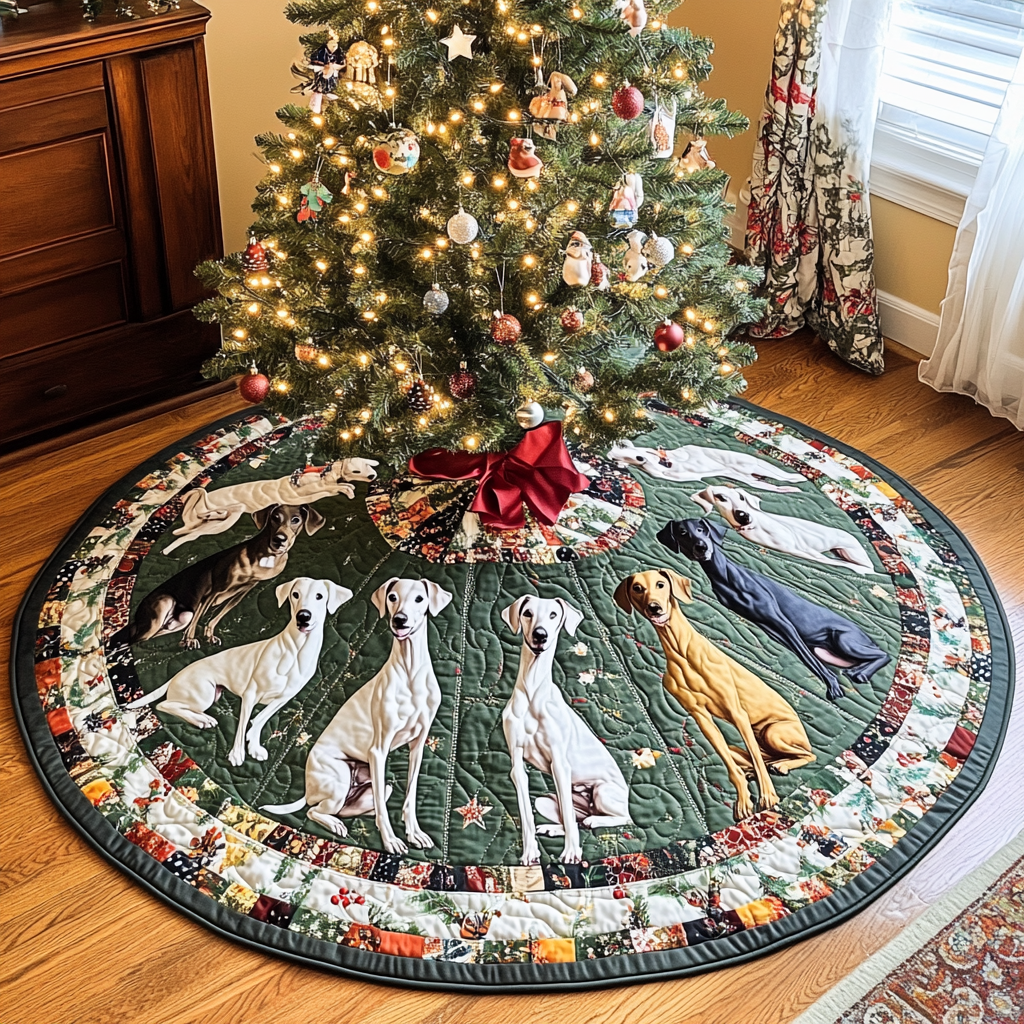 Festive Greyhounds Christmas Quilted Tree Skirt Charming Tree Skirt for Family Gatherings