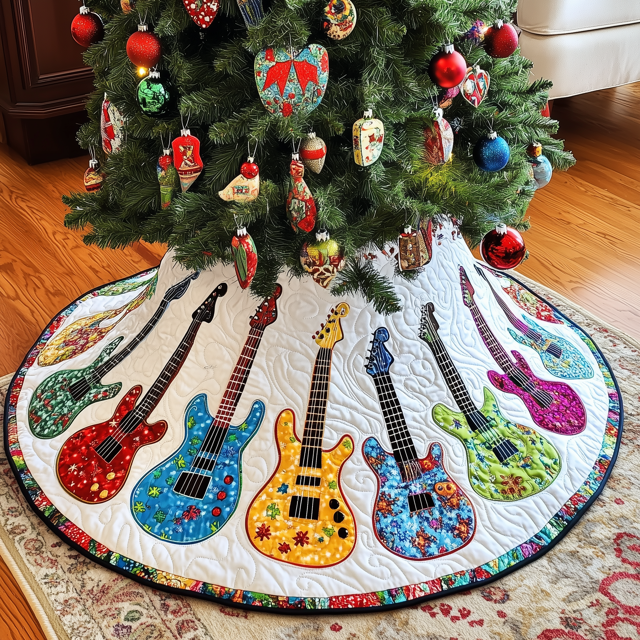 Festive Guitars Quilted Tree Skirt Perfect Gift Merch For Her