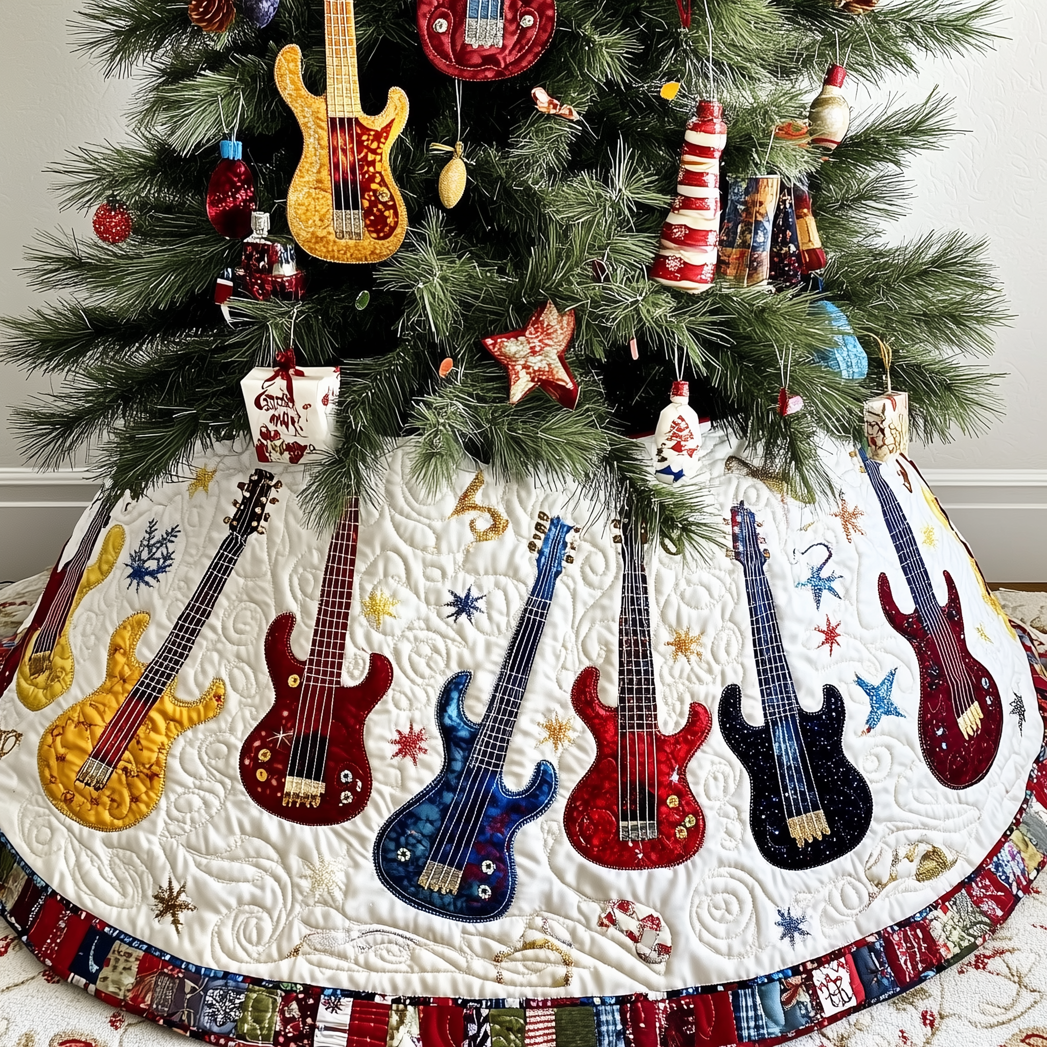 Festive Guitars Quilted Tree Skirt Xmas Tree Base Cover Gifts For Mom Christmas From Daughter