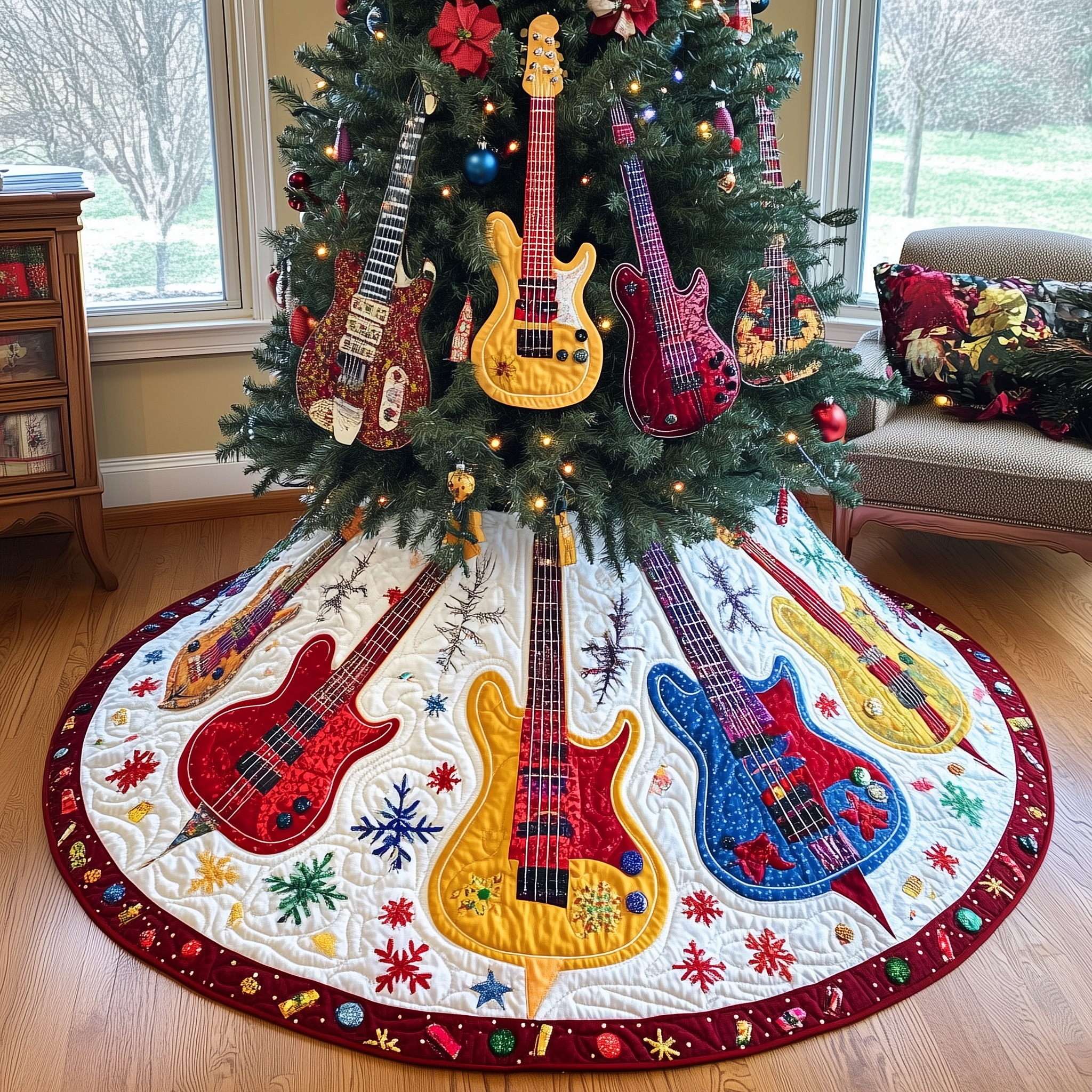 Festive Guitars Quilted Tree Skirt Xmas Tree Surround Christmas Gifts For Guitar Lovers