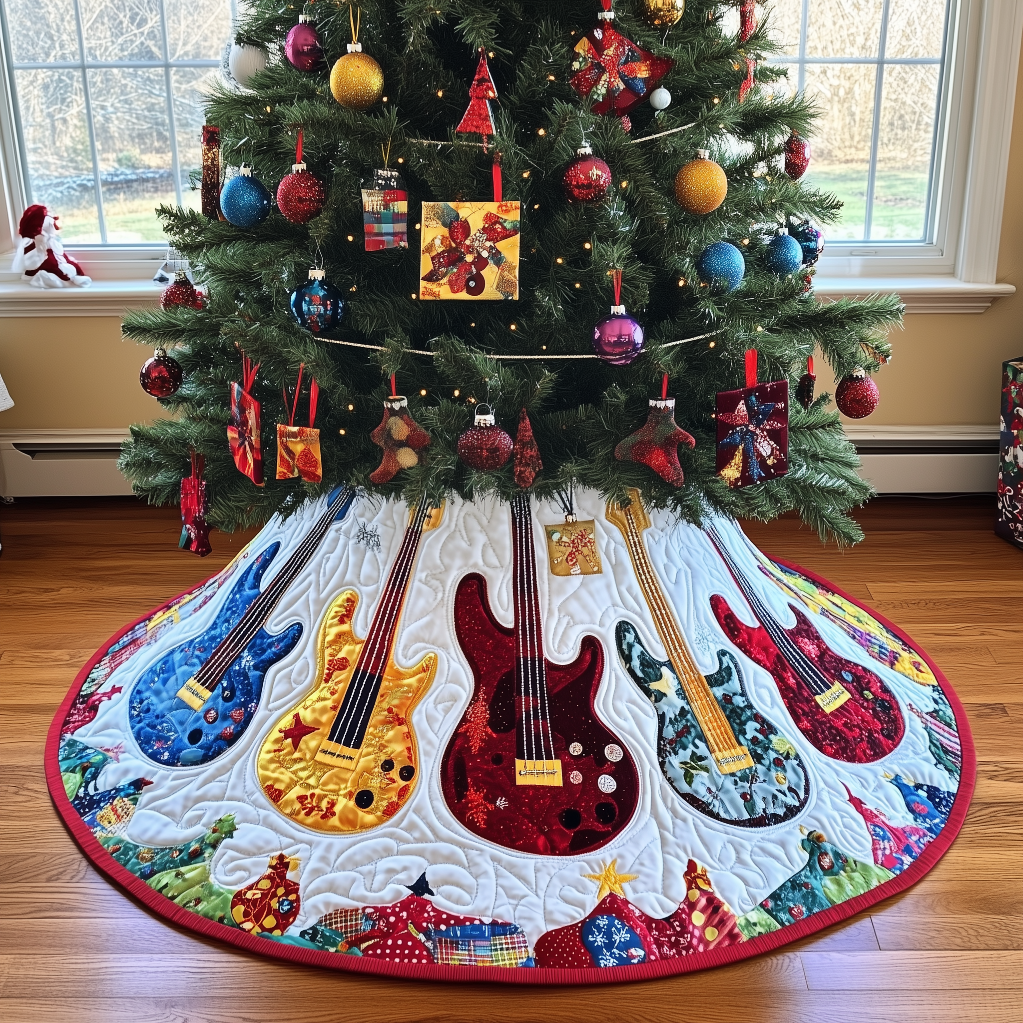 Festive Guitars Quilted Tree Skirt Xmas Tree Surround Christmas Gifts For Guitar Lovers