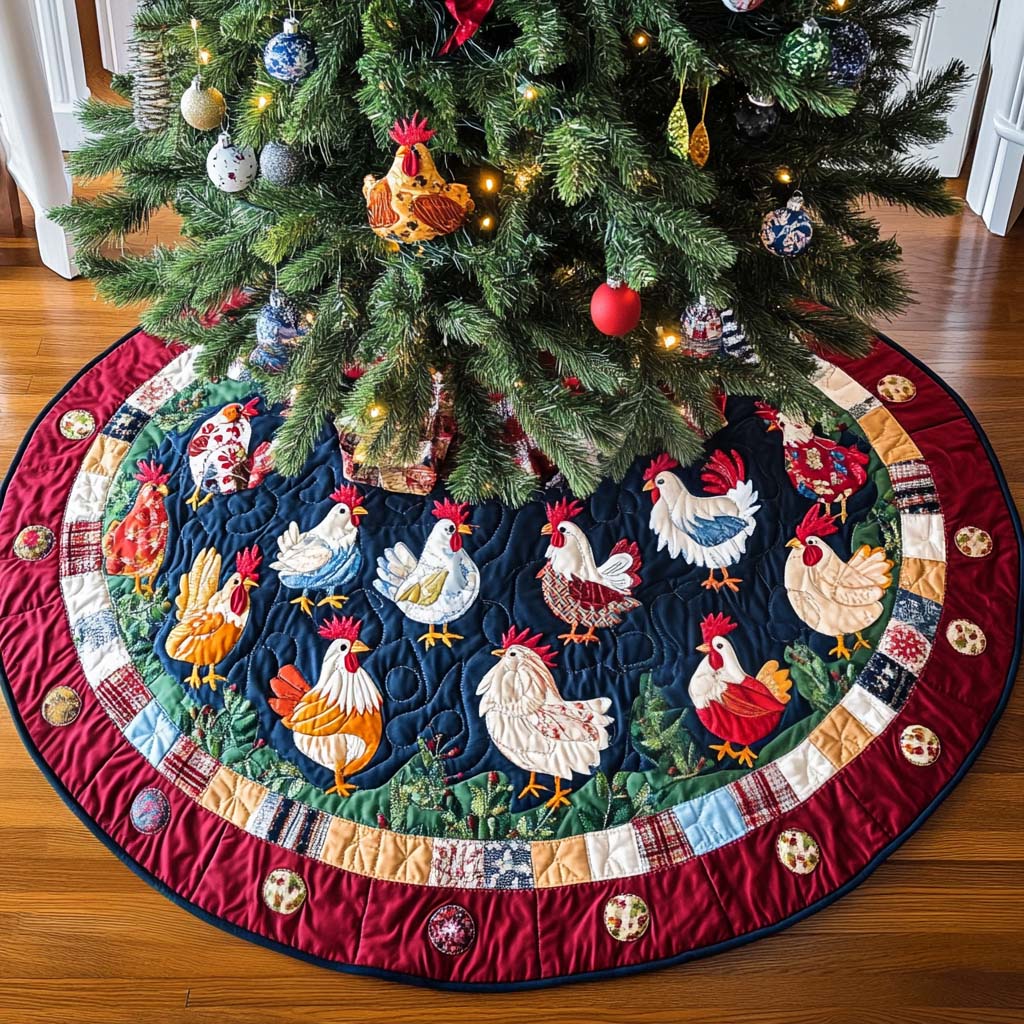 Festive Hen Gathering Christmas Quilted Tree Skirt Holiday Party Decor for Home