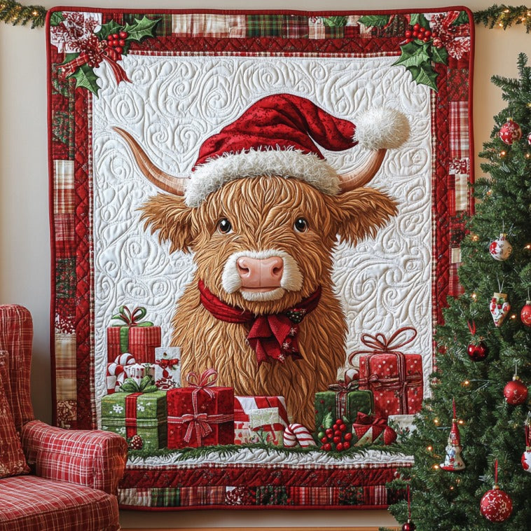 Festive Highland Cow Quilt Luxury Quilt Blanket with Decorative Stitching