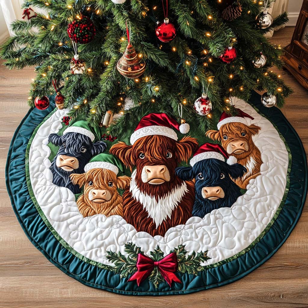Festive Highland Joy Christmas Quilted Tree Skirt Xmas Under-Tree Decoration