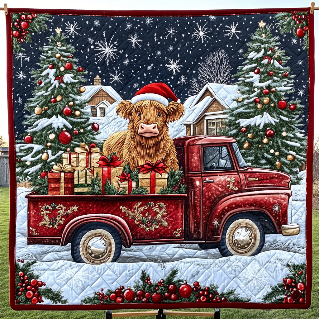 Festive Highland Joy Quilted Blanket Gift For Cow Lover