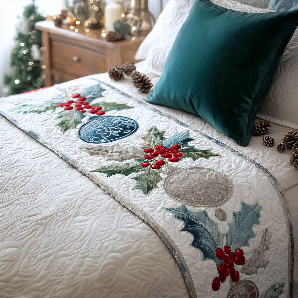 Festive Holly Quilted Bed Runner Holiday Bed Runner Family Christmas Gifts