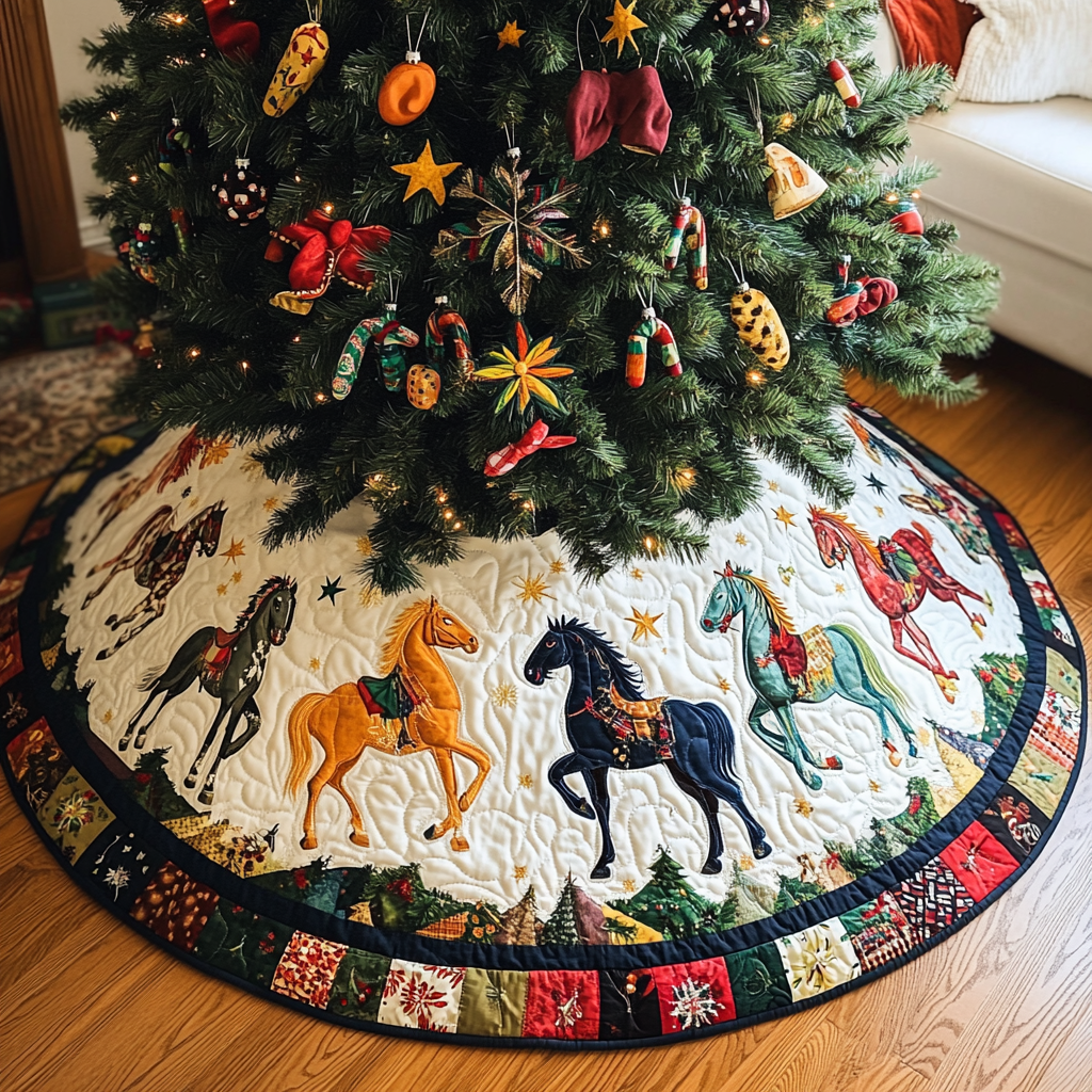Festive Horse Christmas Quilted Tree Skirt Lovely Holiday Tree Skirt for Festive Vibes