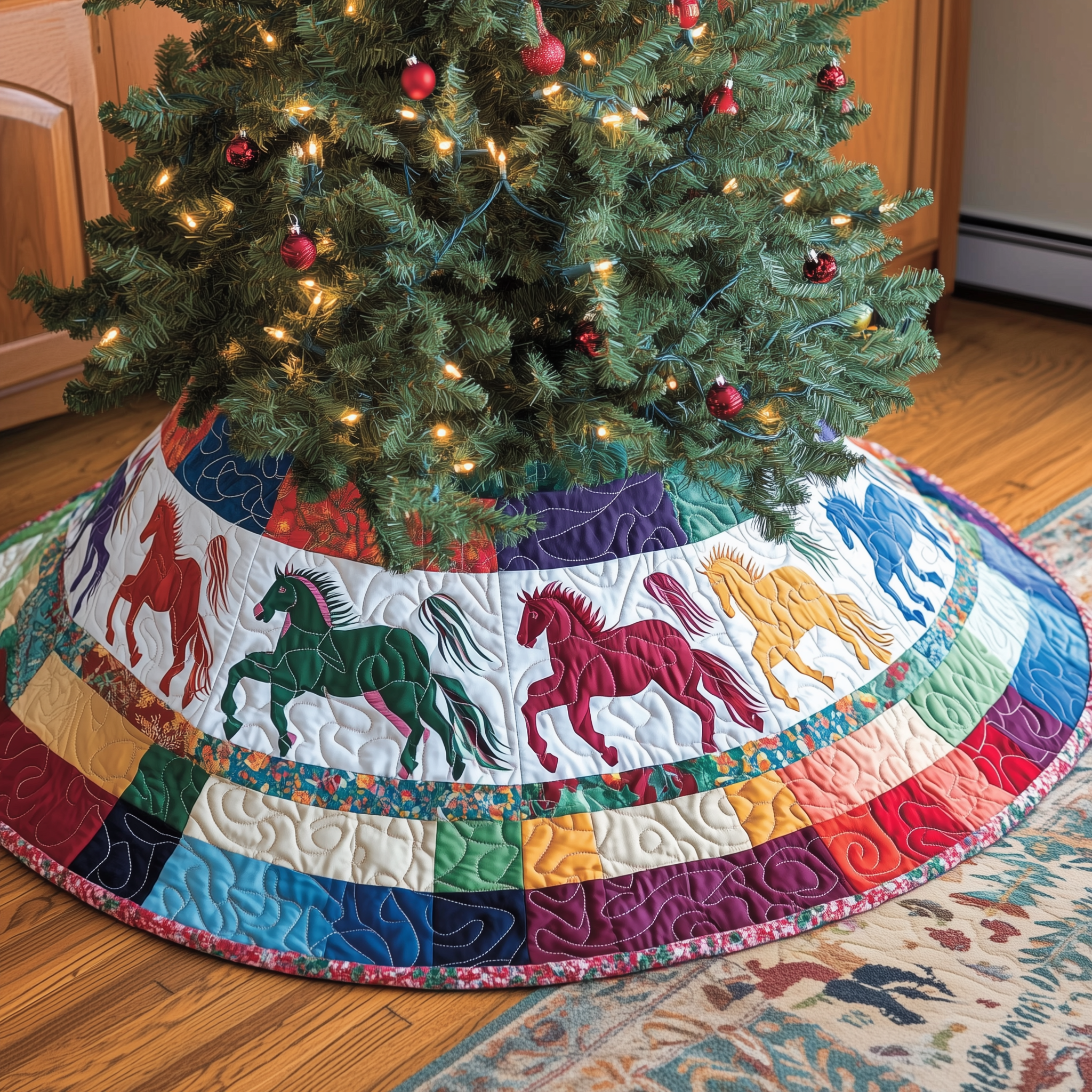 Festive Horses Quilted Tree Skirt Beautiful Christmas Home Merch