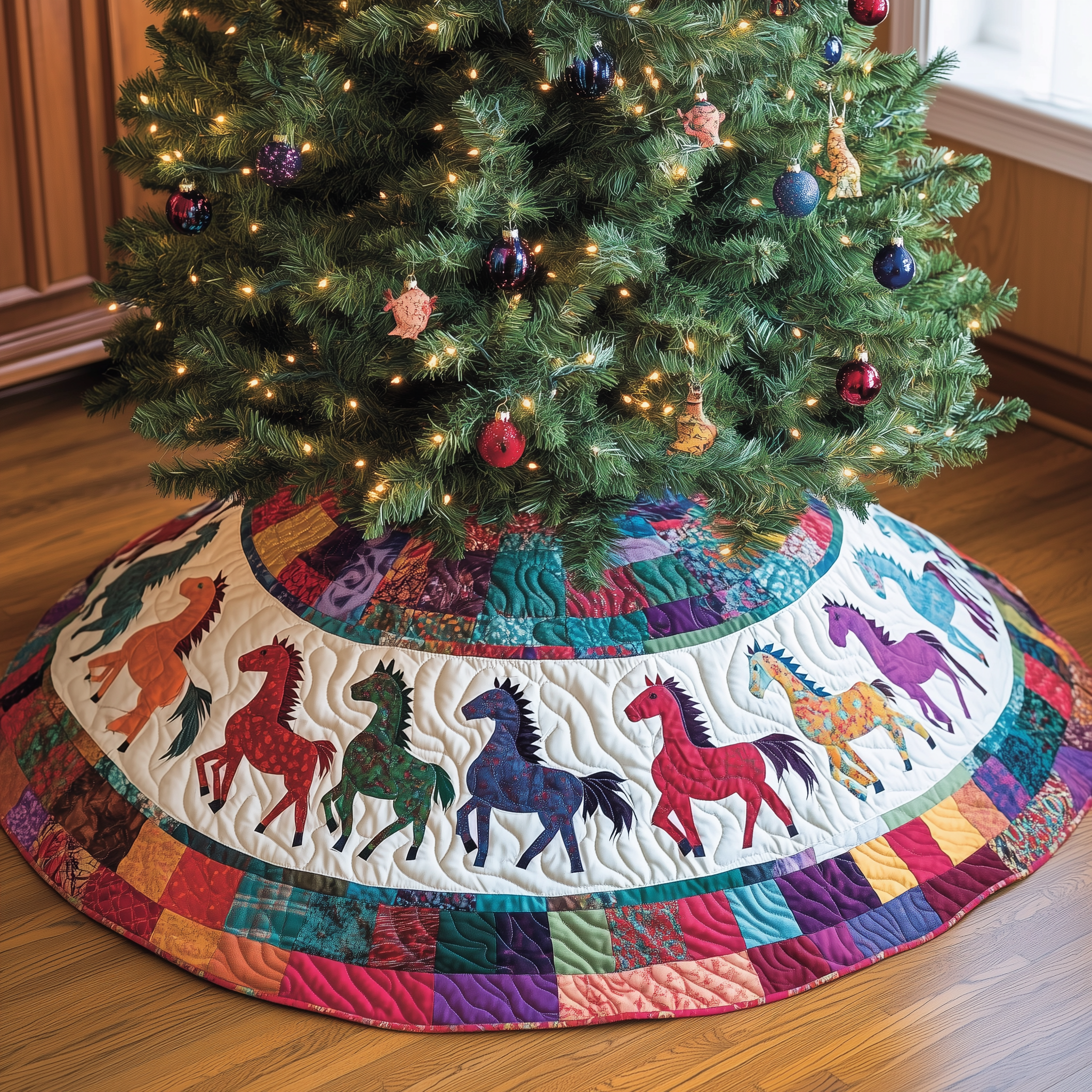 Festive Horses Quilted Tree Skirt Unique Gift Merch For Friends