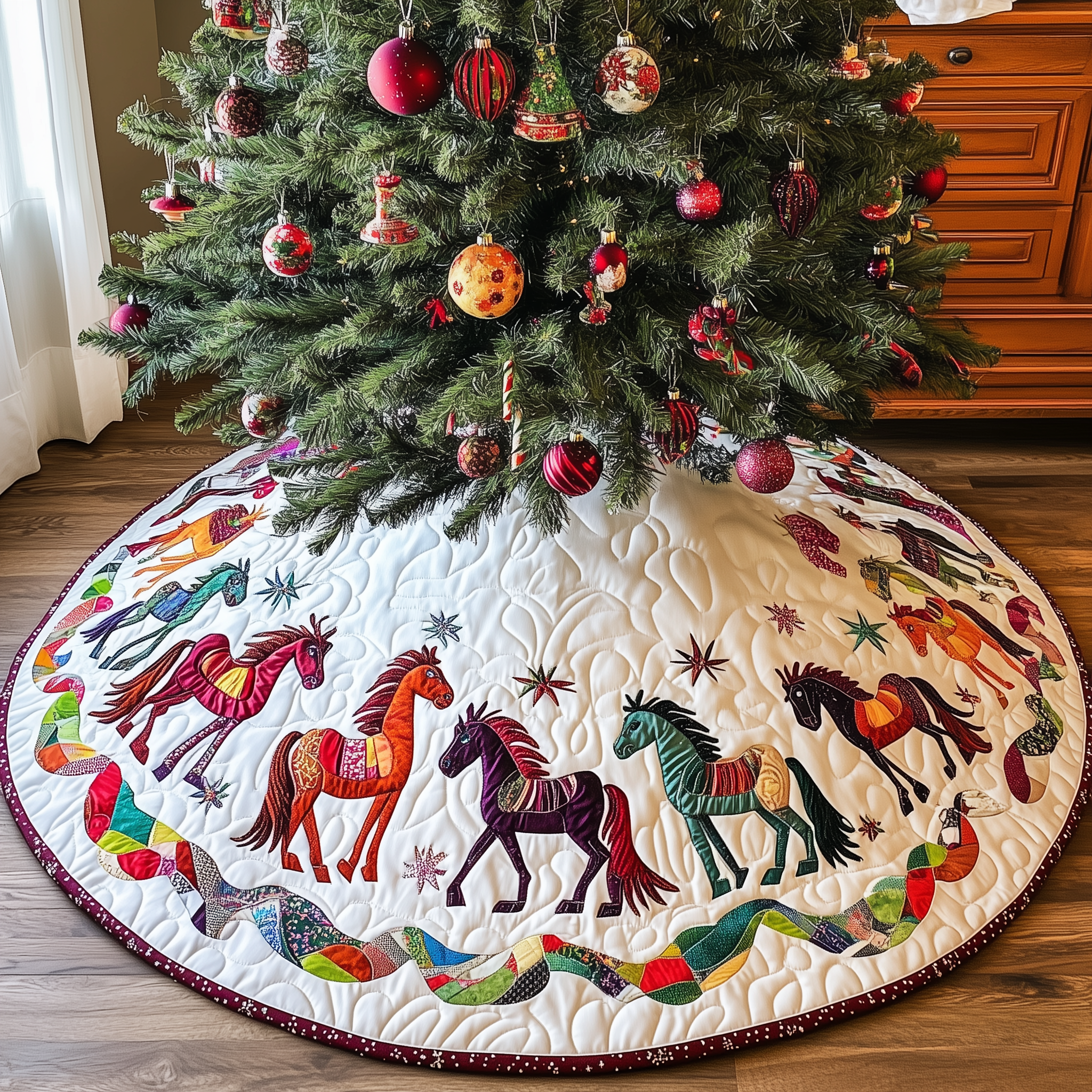 Festive Horses Quilted Tree Skirt Xmas Tree Base Cover Christmas Tree Decoration Horse Themed Gifts