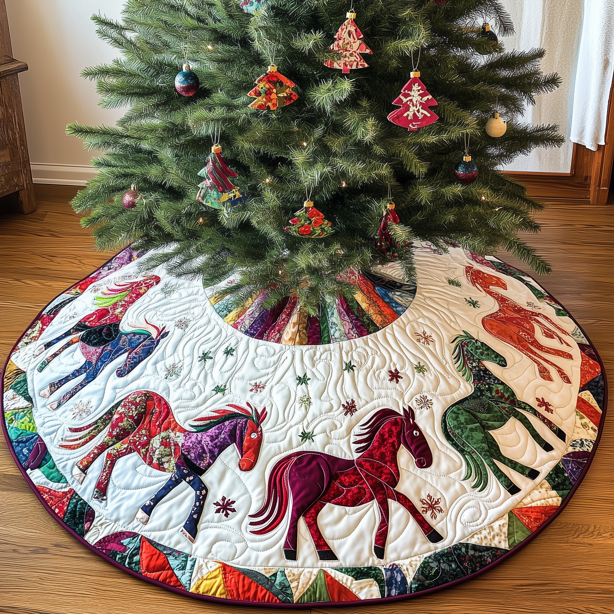 Festive Horses Quilted Tree Skirt Xmas Tree Base Cover Christmas Tree Decoration Horse Themed Gifts