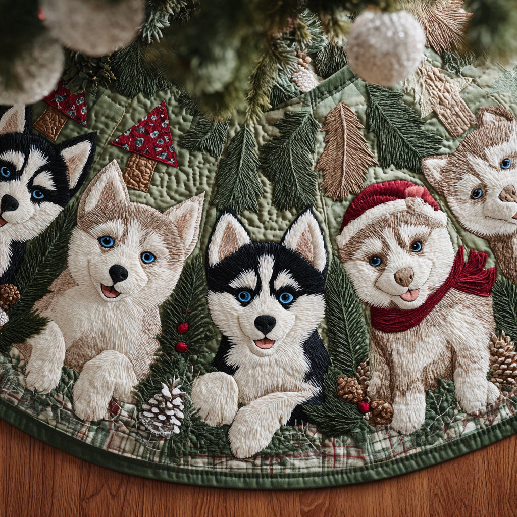 Festive Husky Glow Quilted Christmas Tree Skirt Holiday Decor Gifts For Siberian Husky Owners