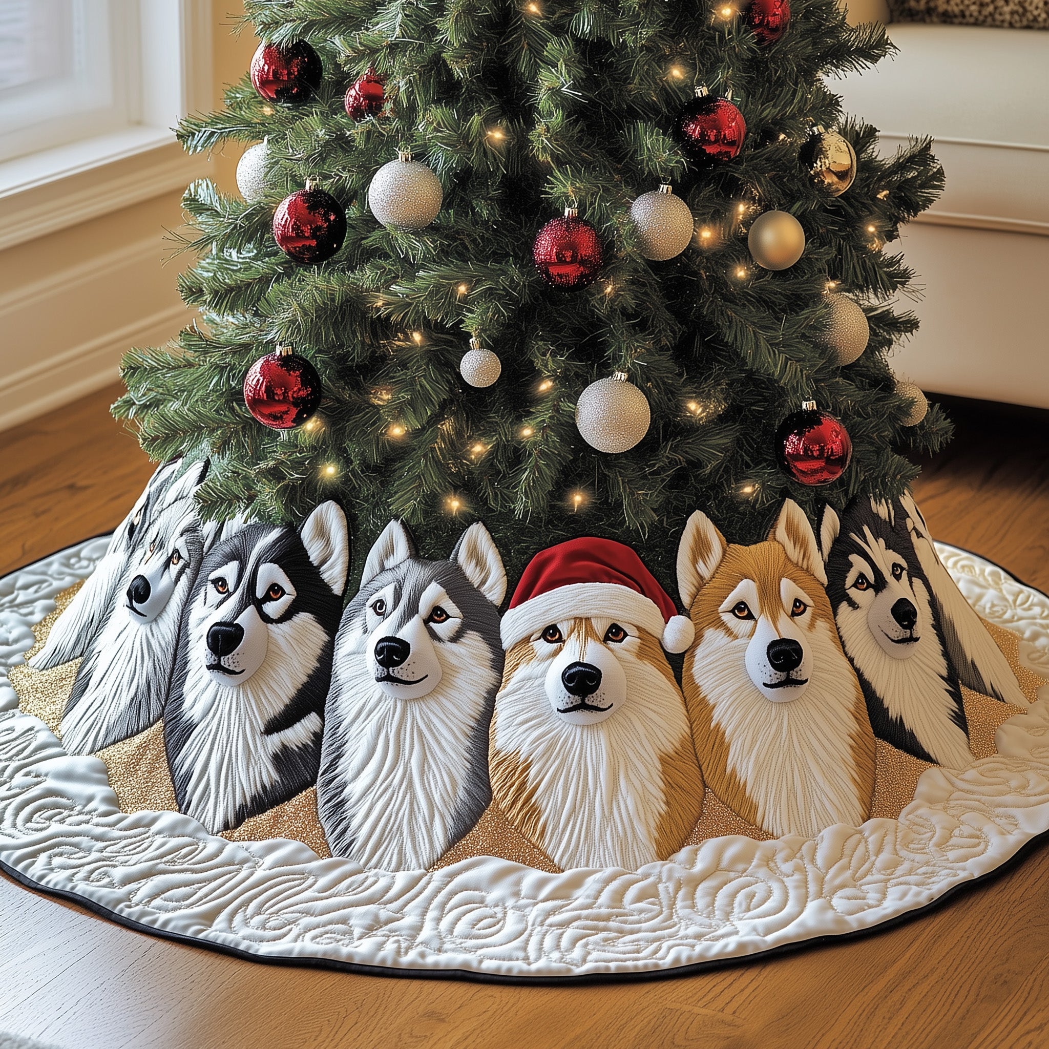 Festive Husky Quilted Tree Skirt Charming Holiday Home Merch