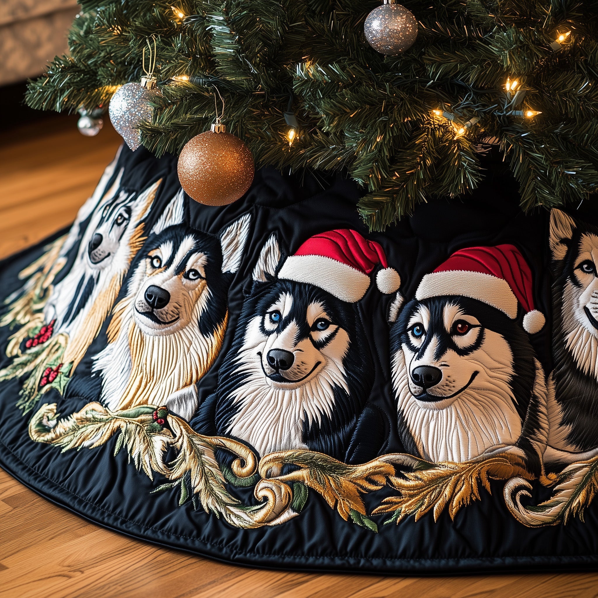 Festive Husky Quilted Tree Skirt Cozy Home Decor Gift Merch