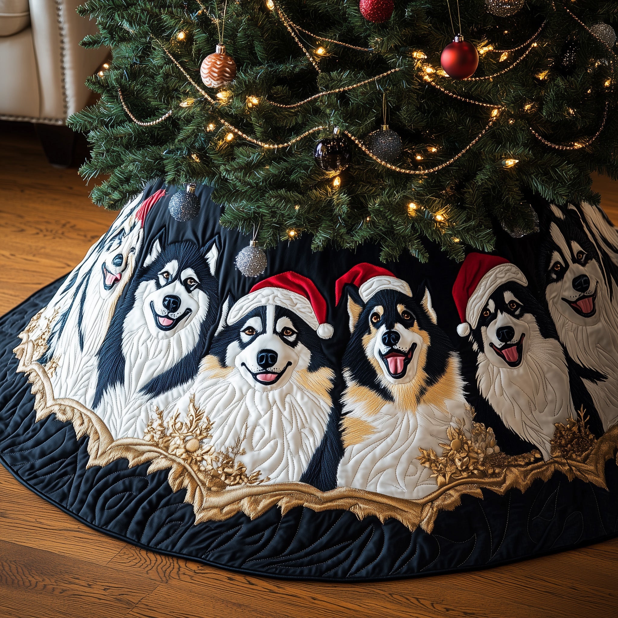 Festive Husky Quilted Tree Skirt Lovely Gift Merch For Couples