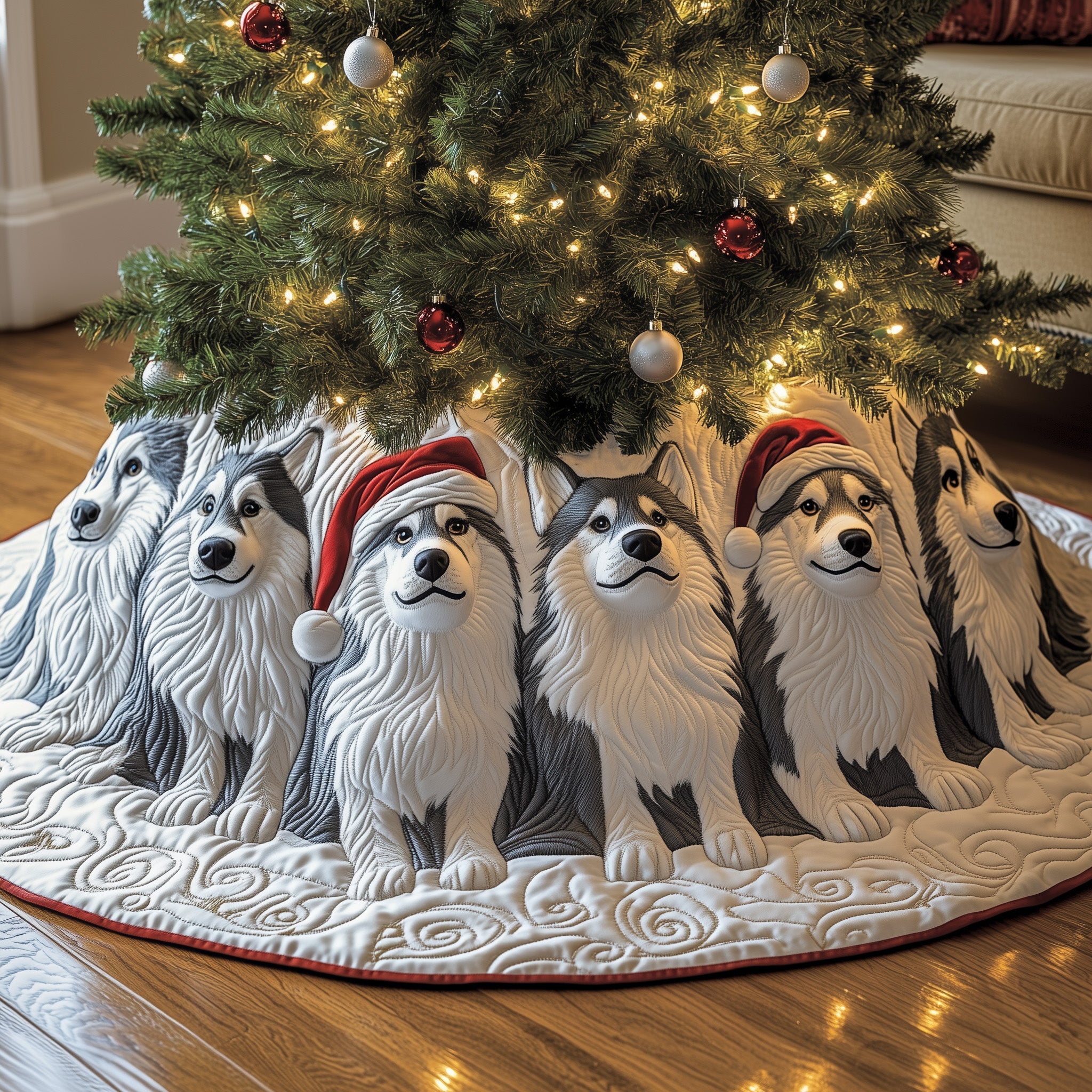 Festive Husky Quilted Tree Skirt Warm Gift Merch For Family