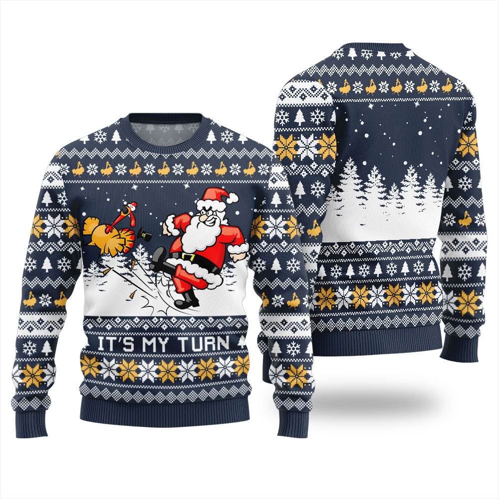 Festive Its My Turn Santa Turkey Thanksgiving Sweater Navy Comfortable Holiday Sweater for Chilly Nights