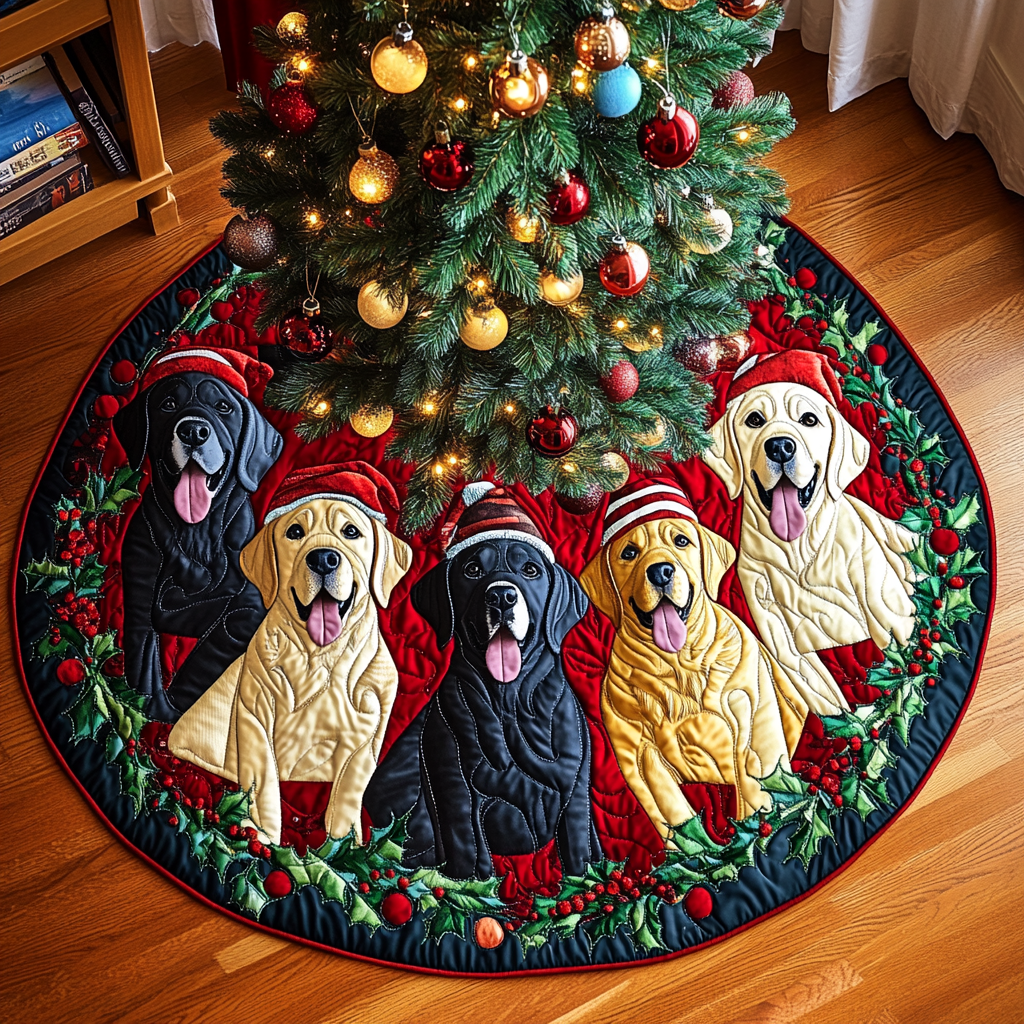 Festive Labrador Joy Christmas Quilted Tree Skirt Christmas Tree Bottom Cover Thoughtful Christmas Gifts For Wife