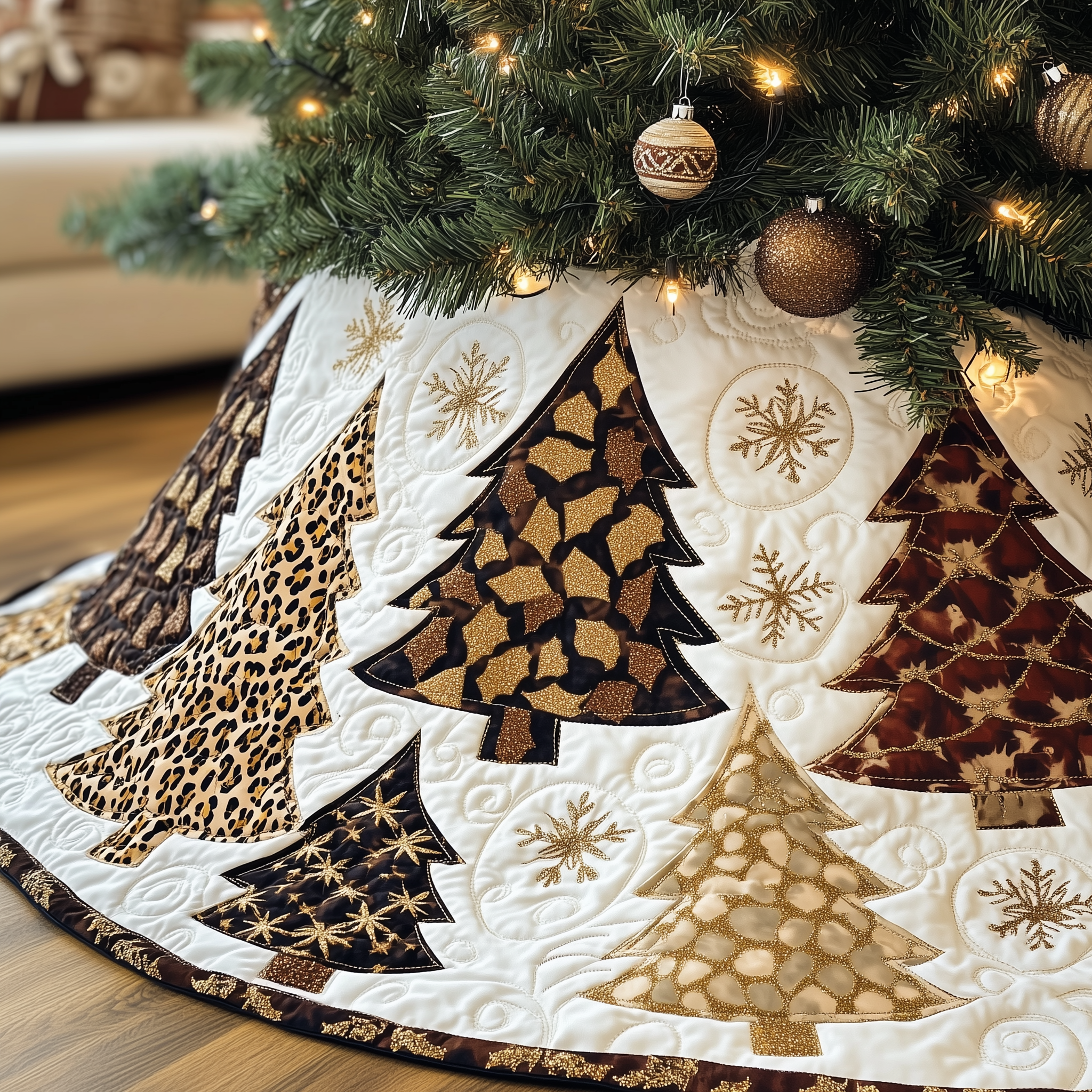 Festive Leopard Christmas Tree Quilted Tree Skirt Heartwarming Family Gathering Merch