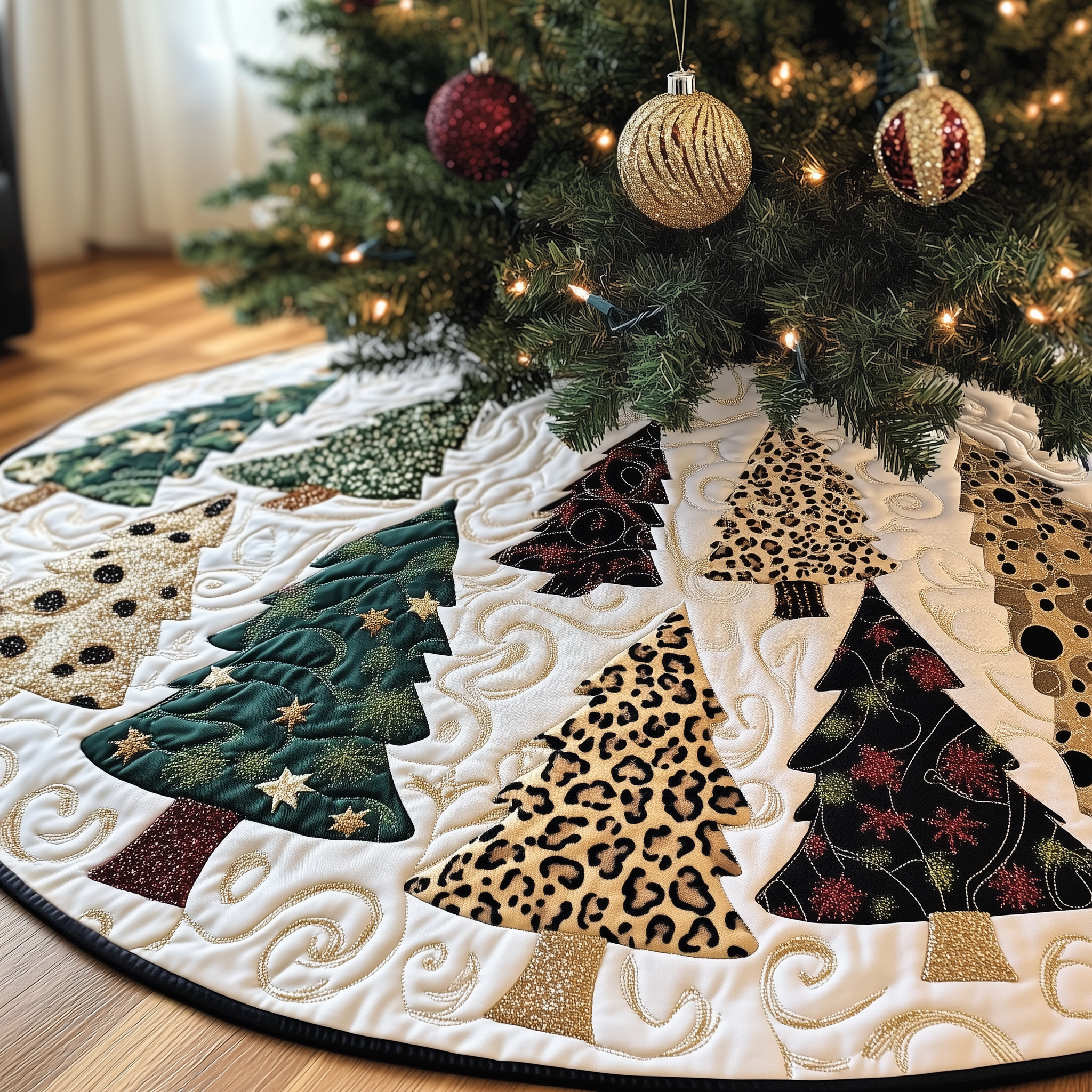 Festive Leopard Christmas Tree Quilted Tree Skirt Magical Christmas Spirit Merch